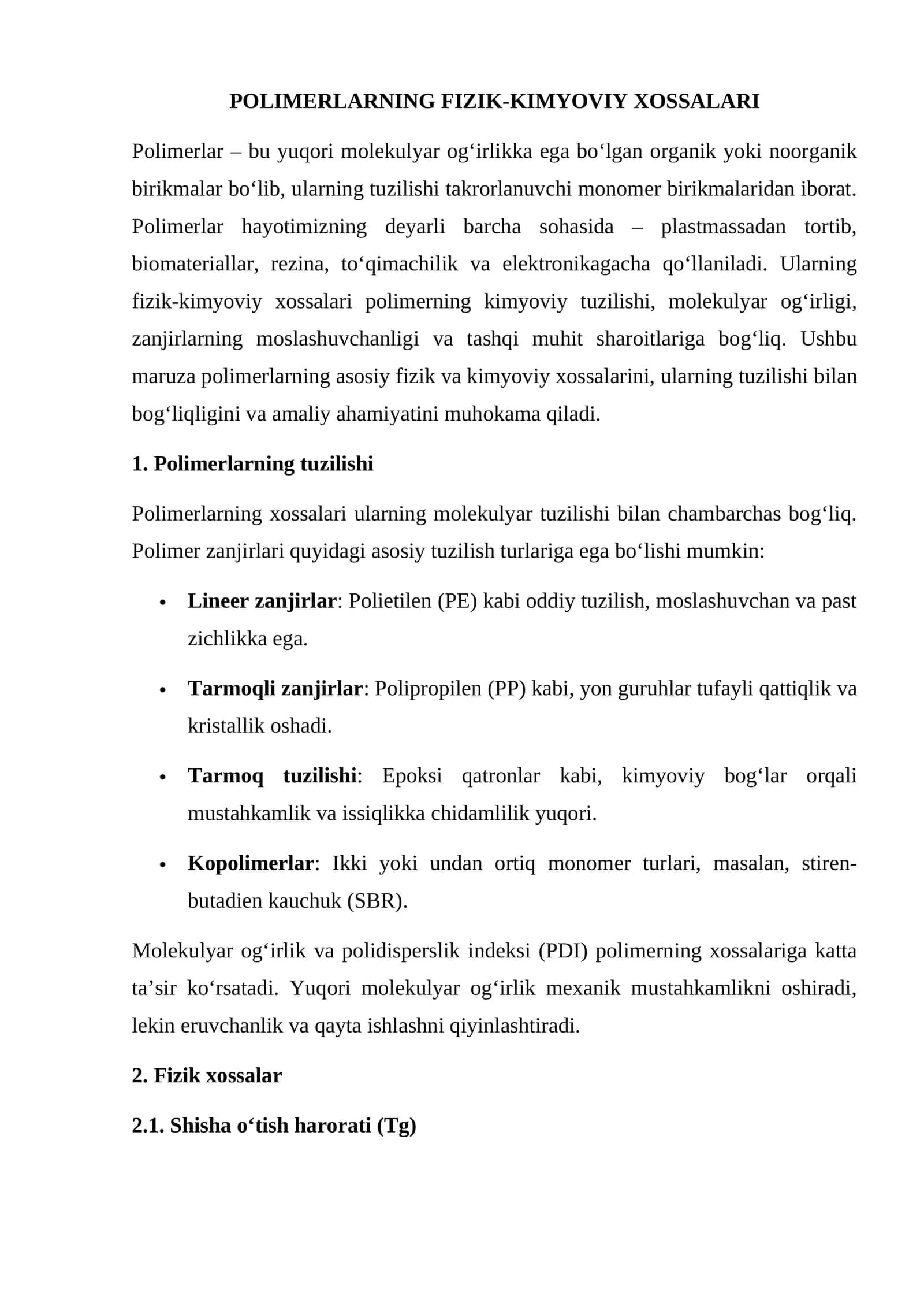 POLIMERLARNING FIZIK-KIMYOVIY XOSSALARI 1