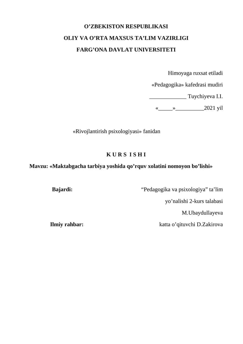 Maktabgacha tarbiya yoshida qo’rquv xolatini nomoyon bo’lishi» 1