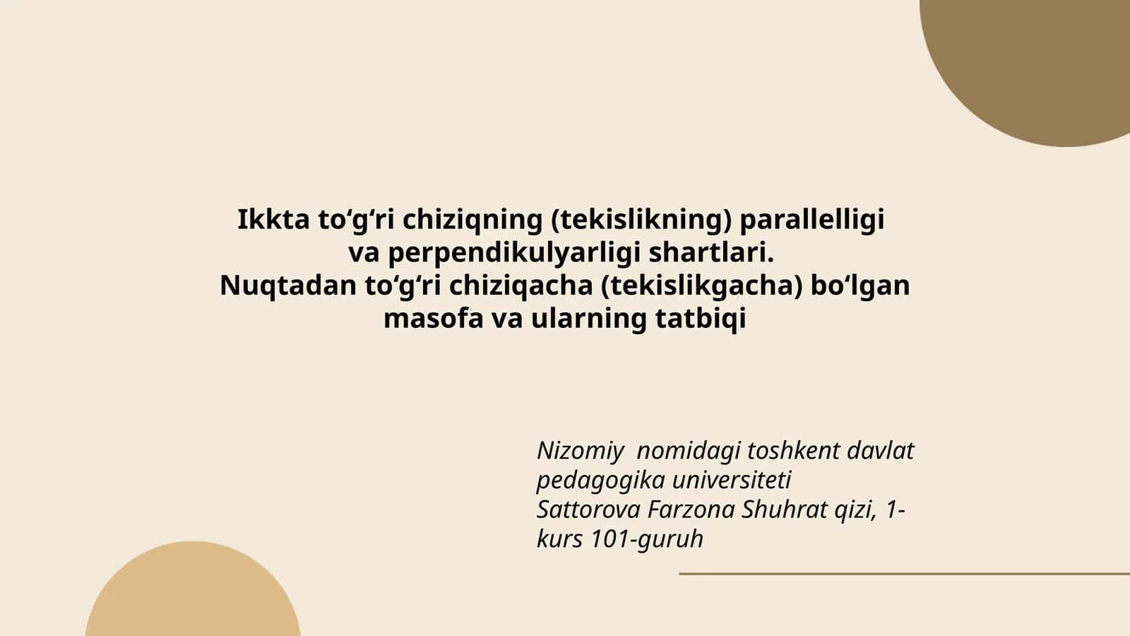 Ikkta to‘g‘ri chiziqning (tekislikning) parallelligi va perpendikulyarligi shartlari. Nuqtadan to‘g‘ri chiziqacha (tekislikgacha) bo‘lgan masofa va ularning tatbiqi 1