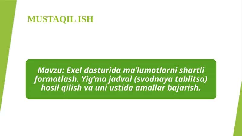 Exel dasturida ma’lumotlarni shartli formatlash. Yig’ma jadval (svodnaya tablitsa) hosil qilish va uni ustida amallar bajarish 1