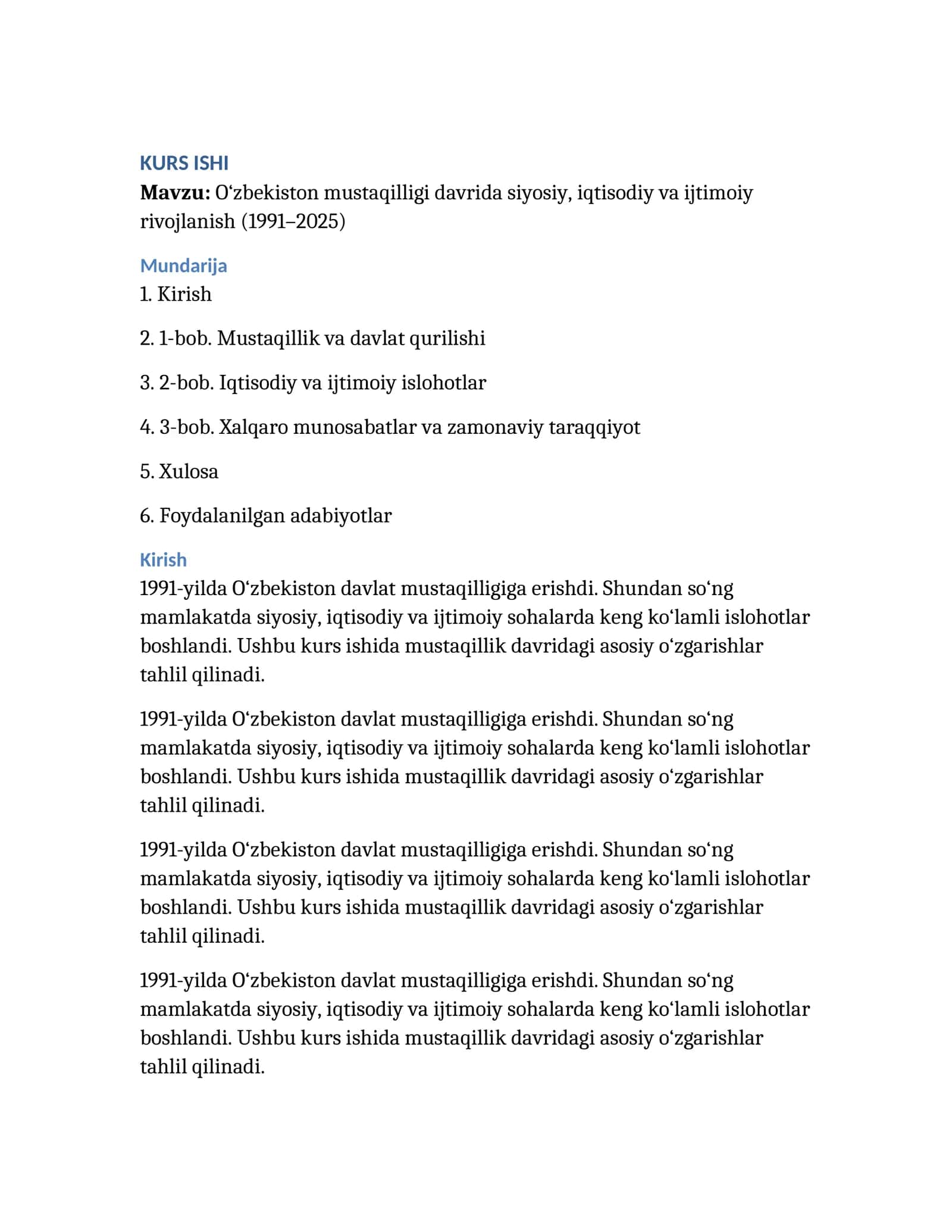 O‘zbekiston mustaqilligi davrida siyosiy, iqtisodiy va ijtimoiy rivojlanish (1991–2025) 1