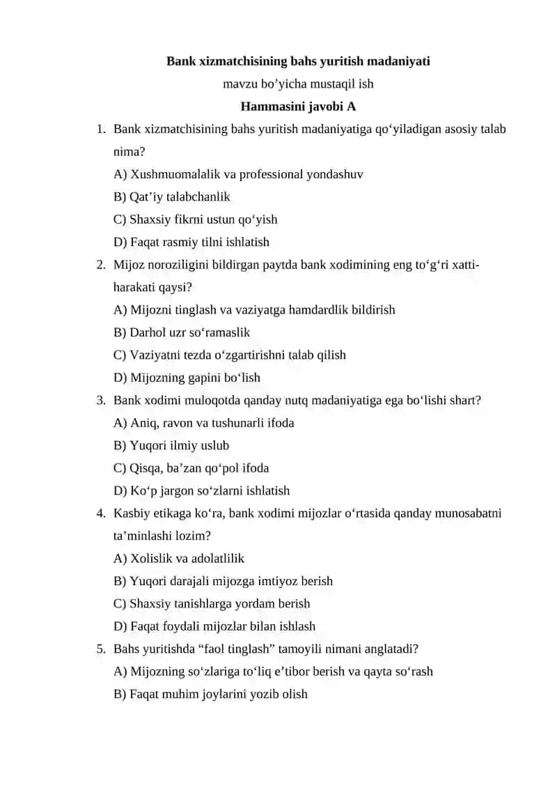 Bank xizmatchisining bahs yuritish madaniyati haqida 60 talik test javobi bilan