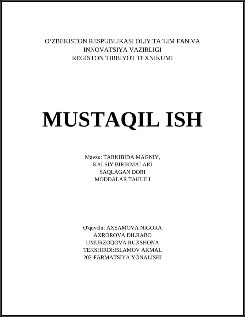 Tarkibida Magniy, Kalsiy Birikmalari Saqlagan Dori Moddalar Tahlili 1