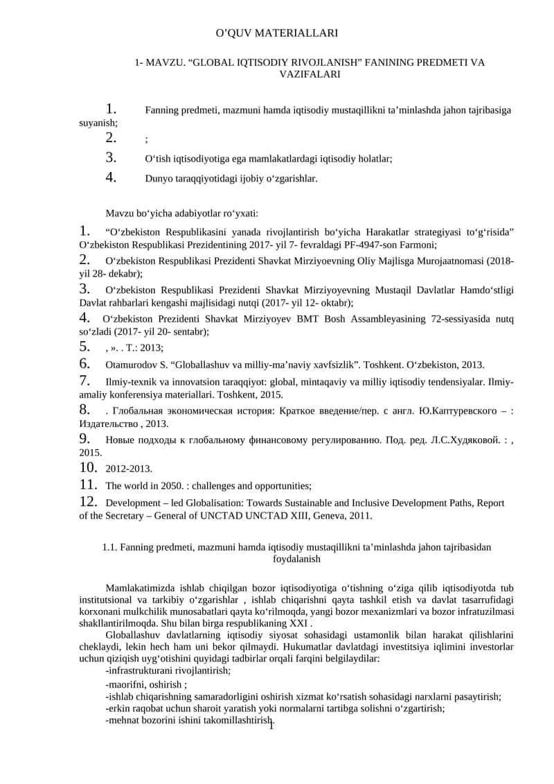 MаVZU. “GLОBАL IQTISОDIY RIVОJLАNISH” FАNINING PRЕDMЕTI VА VАZIFАLАRI 1
