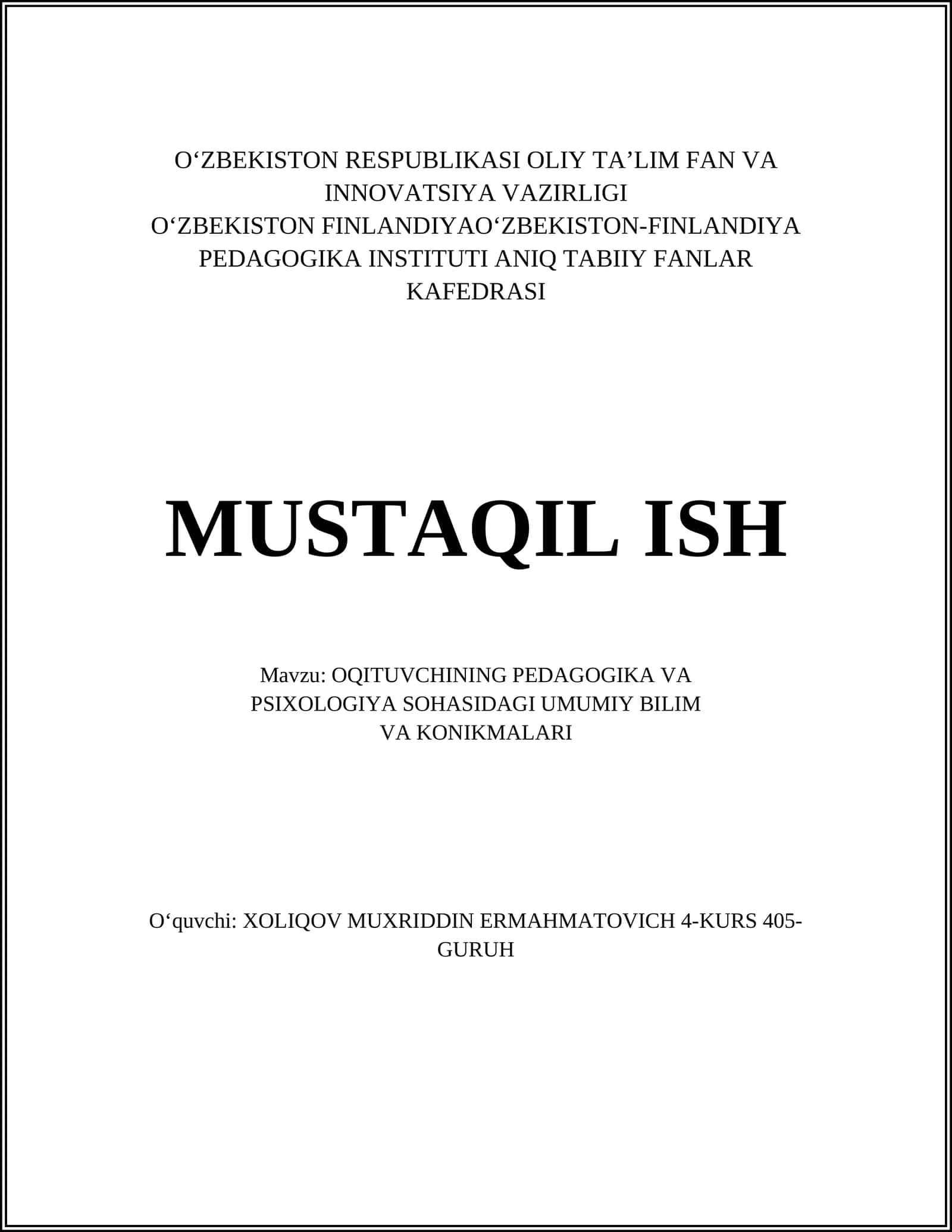 OQITUVCHINING PEDAGOGIKA VA PSIXOLOGIYA SOHASIDAGI UMUMIY BILIM VA KONIKMALARI 1