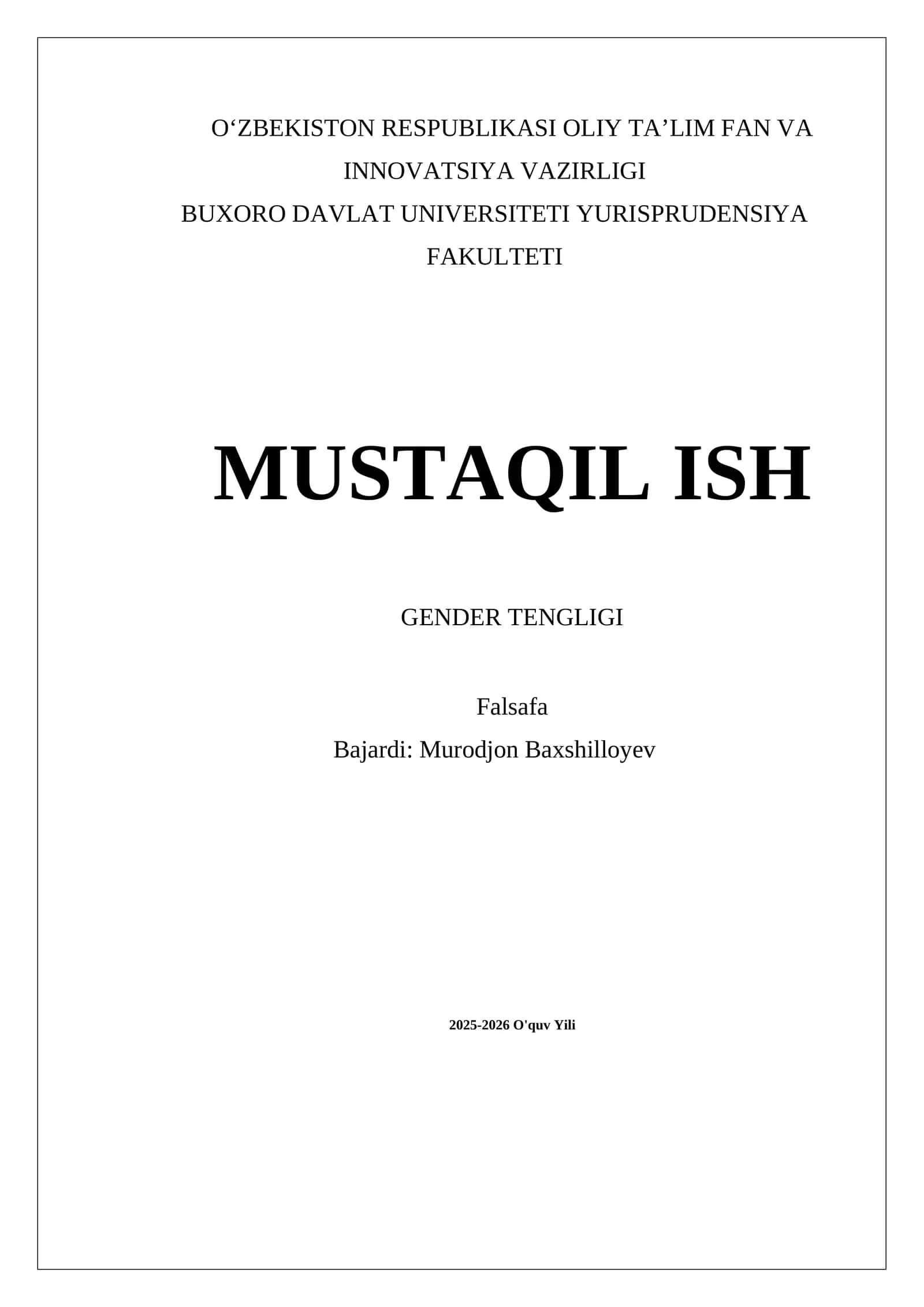 MUSTAQIL ISH GENDER TENGLIGI 1