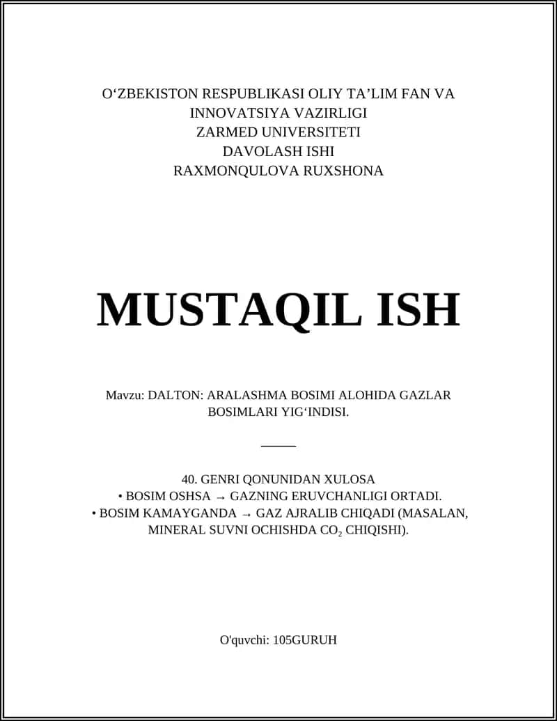 Dalton qonuni: aralashma gazlarida alohida bosim tushunchasi 1