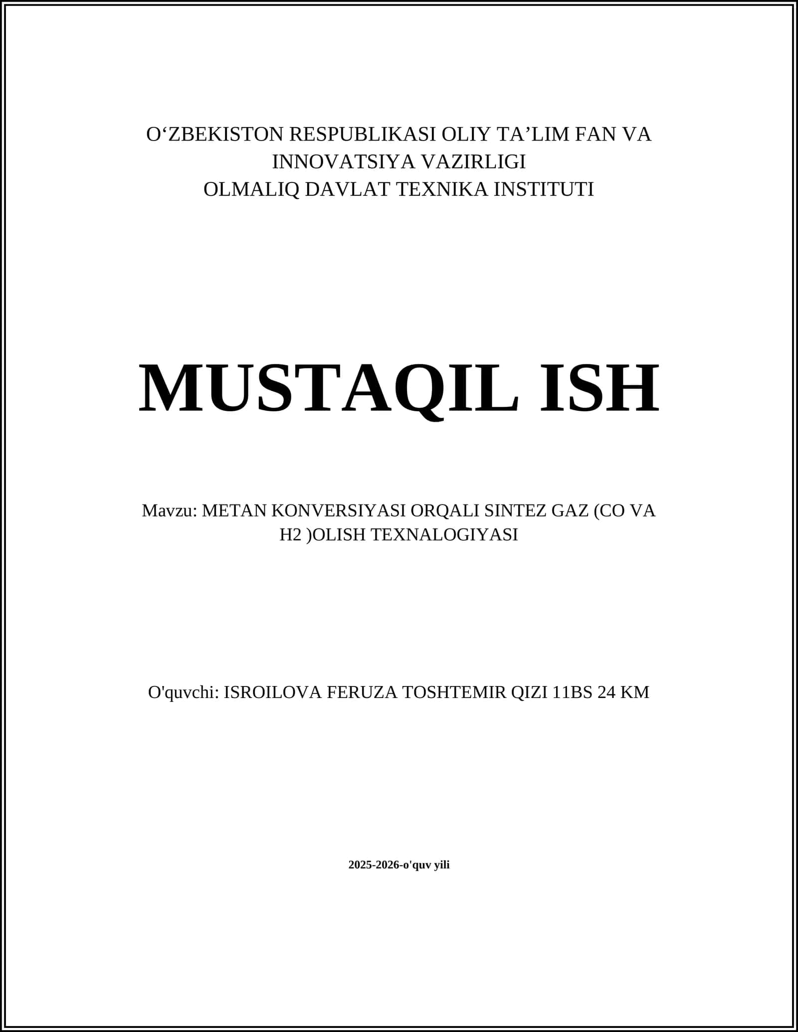 METAN KONVERSIYASI ORQALI SINTEZ GAZ (CO VA H2 )OLISH TEXNALOGIYASI 1