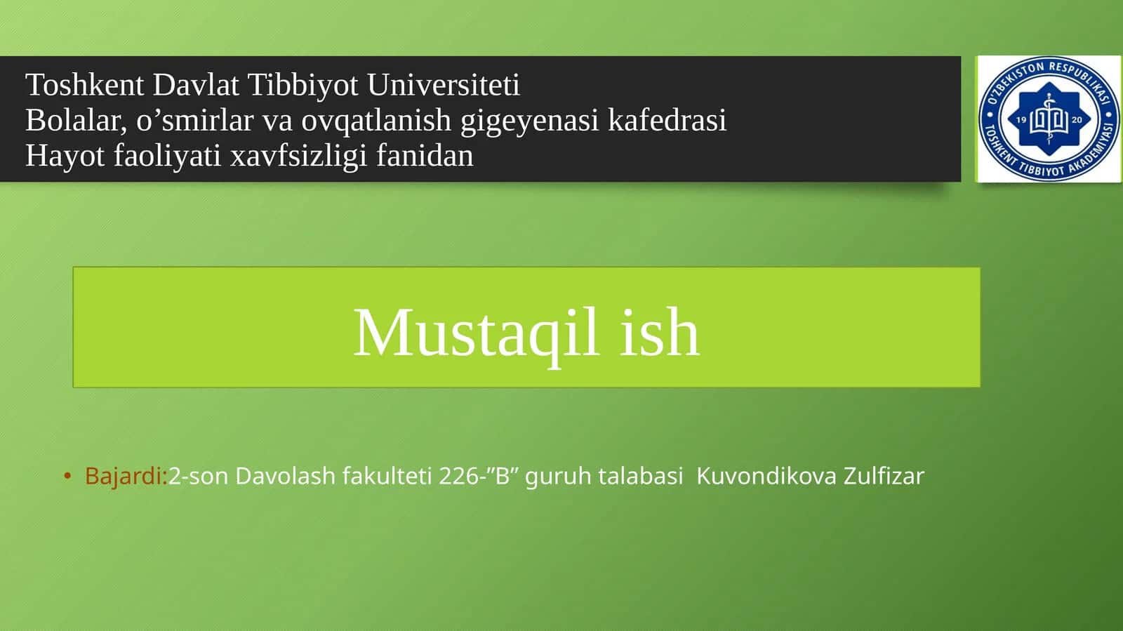 Aholining tabiiy ofatlar, katta falokatlar va tibbiy jihatdan ta'minlanishini tashkiletish 1