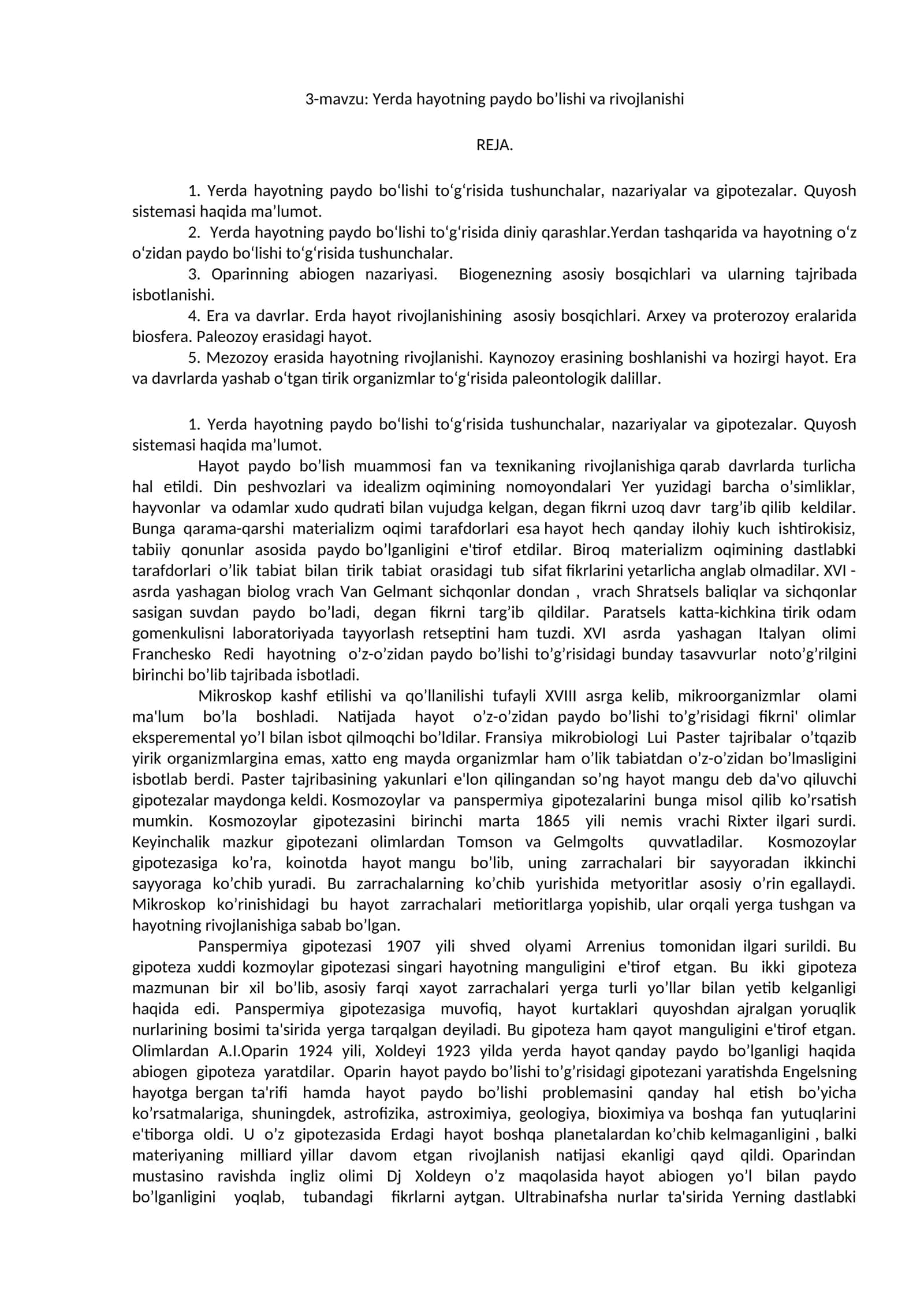 Yerda hayotning paydo bo’lishi va rivojlanishi 1