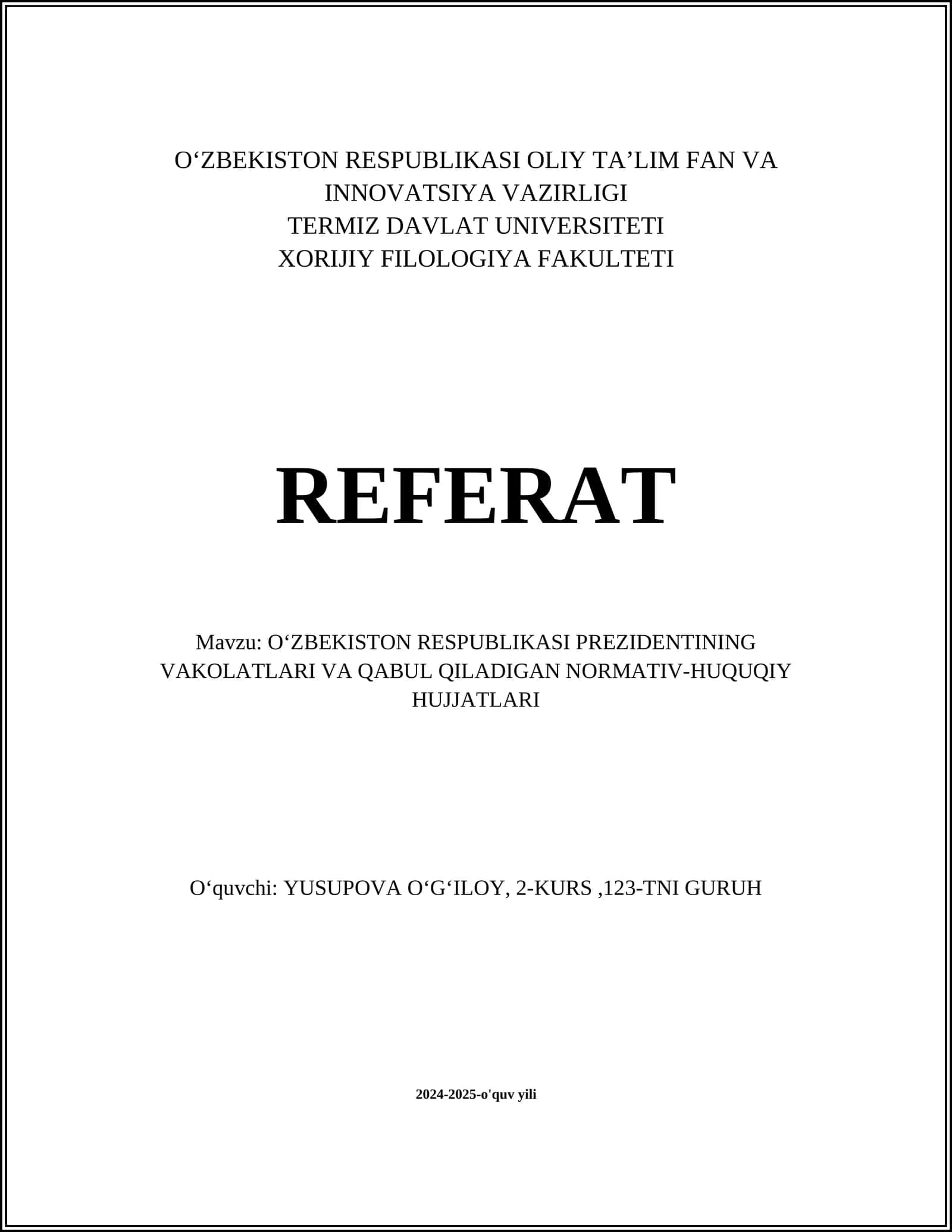 O‘zbekiston Respublikasi Prezidentining Vakolatlari va Normativ-Huquqiy Hujjatlari 1
