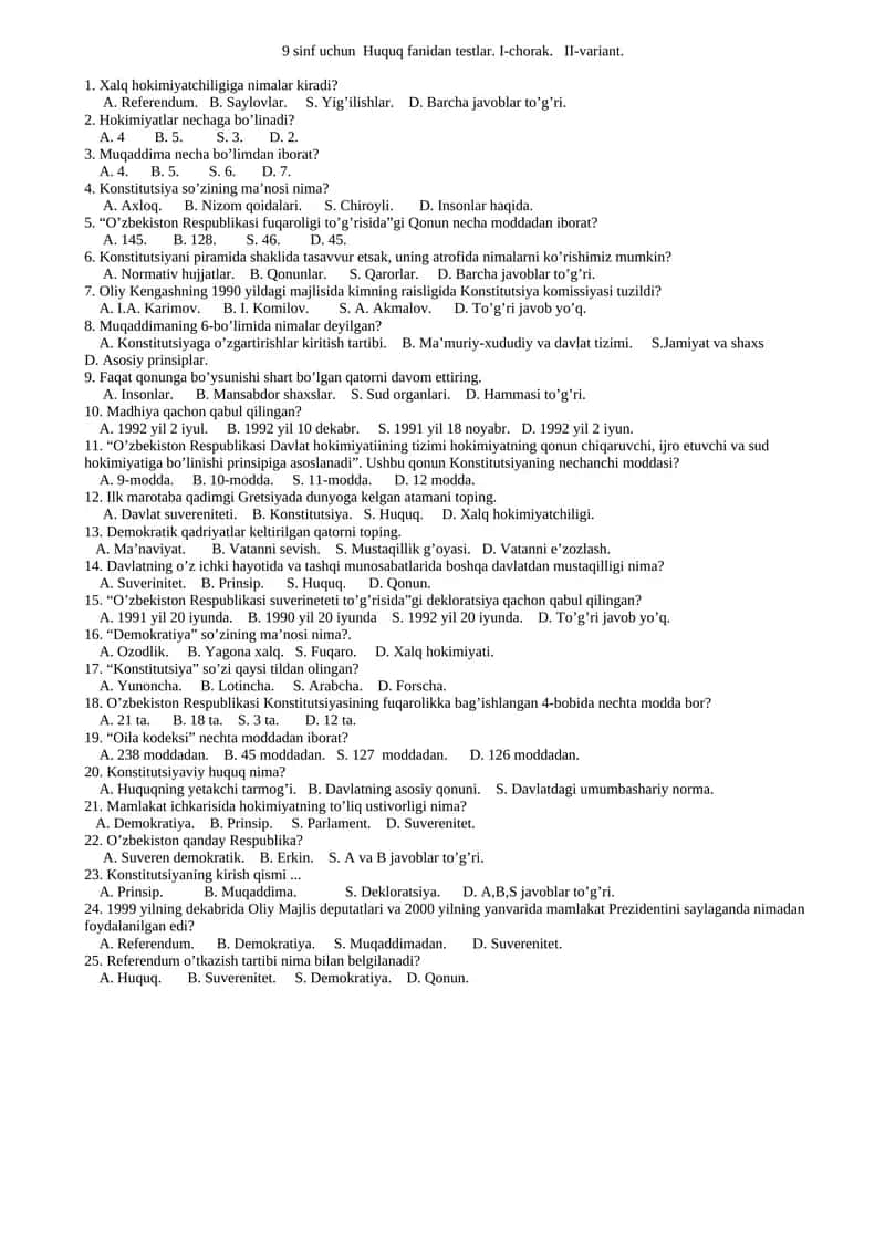 9 sinf uchun Huquq fanidan testlar 1