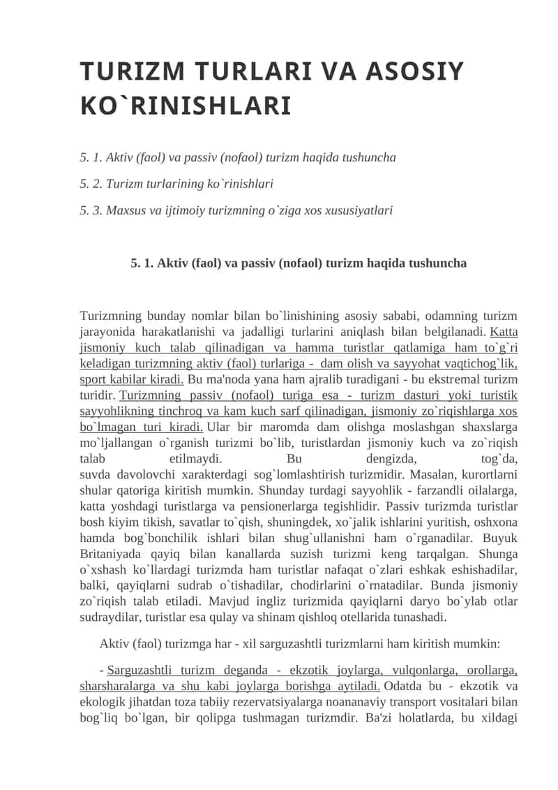 TURIZM TURLARI VA ASOSIY KO`RINISHLARI 1
