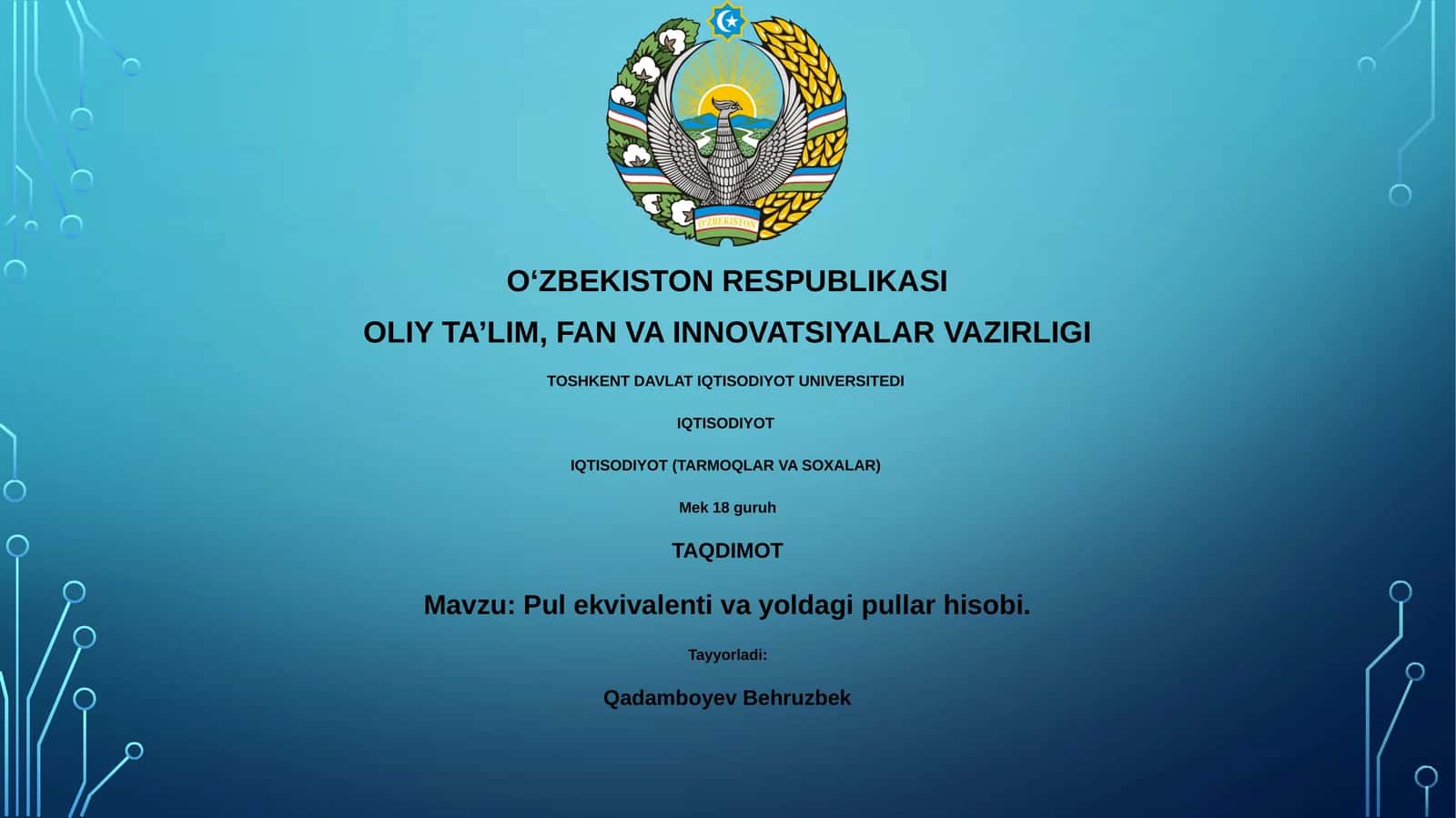 Pul ekvivalenti va yoldagi pullar hisobi 1