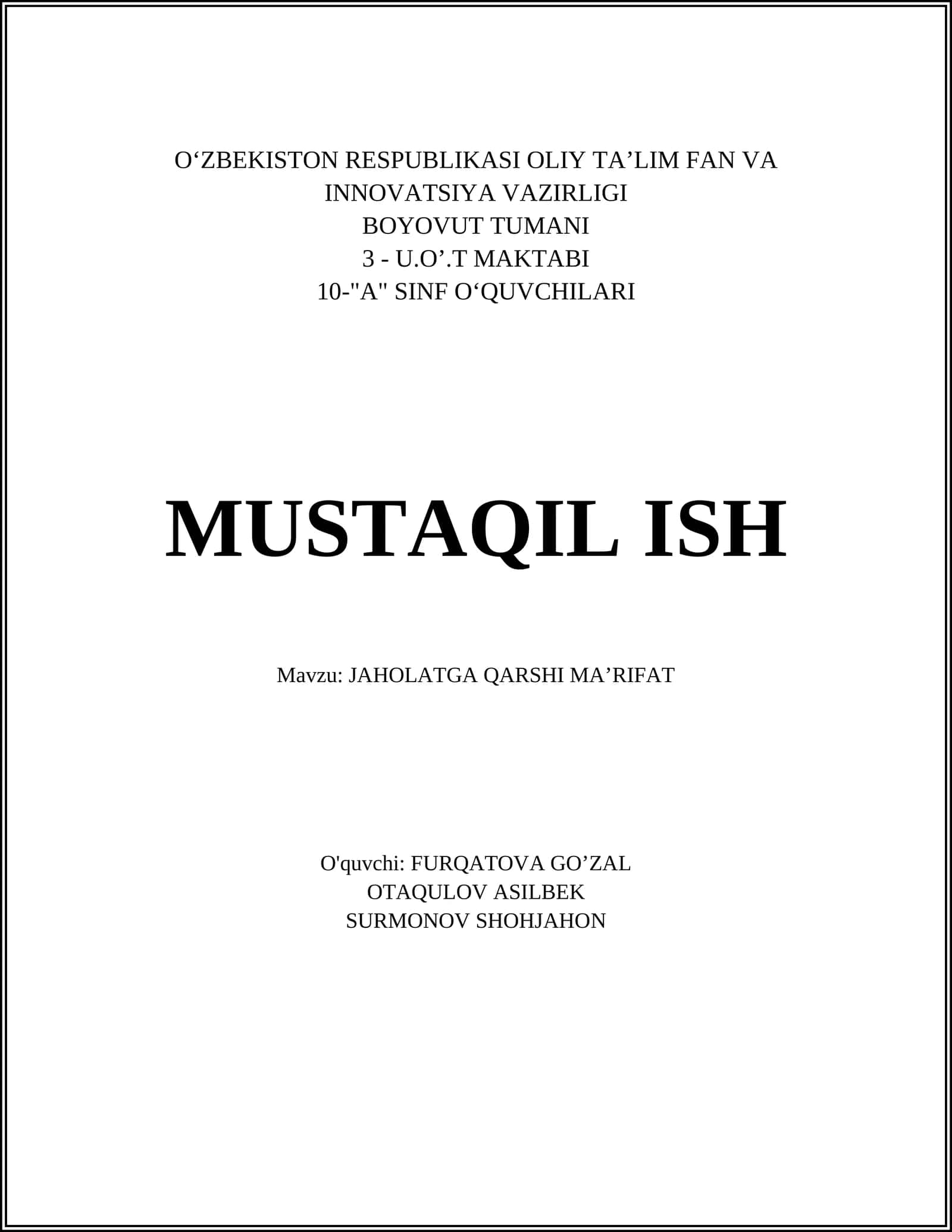 JAHOLATGA QARSHI MAʼRIFAT 1