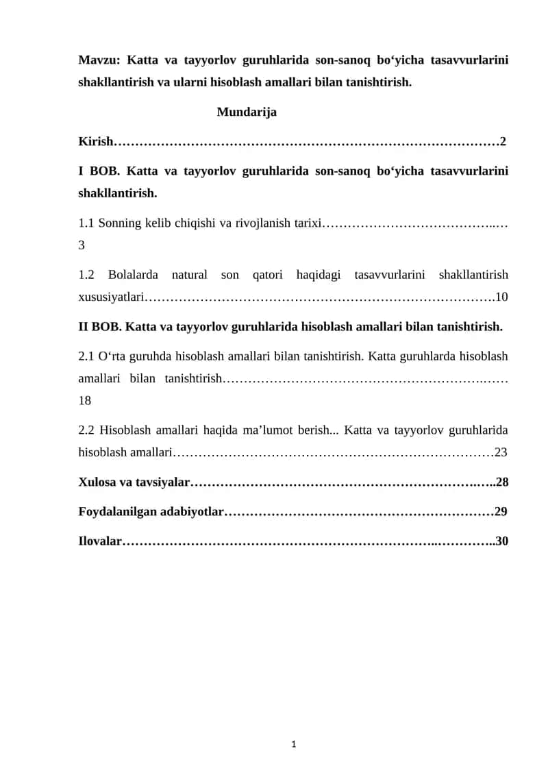 Katta va Tayyorlov Guruhlarida Son-sanoq Bo'yicha Tasavvurlarini Shakllantirish va Hisoblash 1