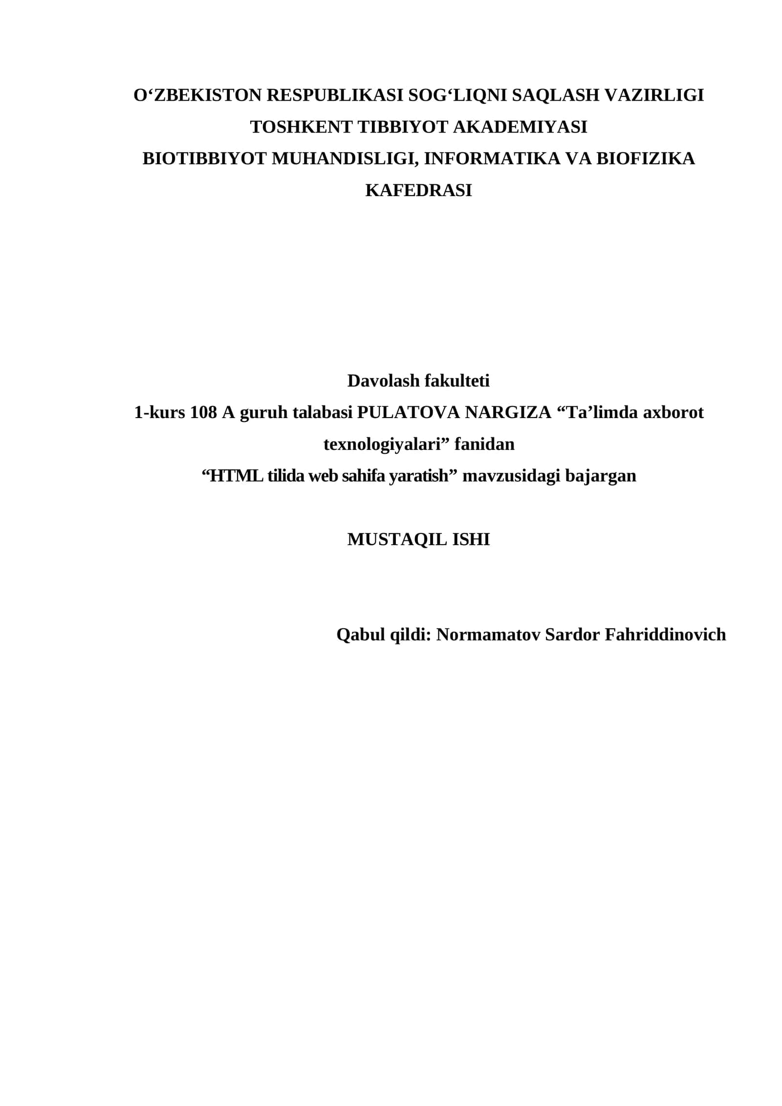 HTML tilida web sahifa yaratish 1