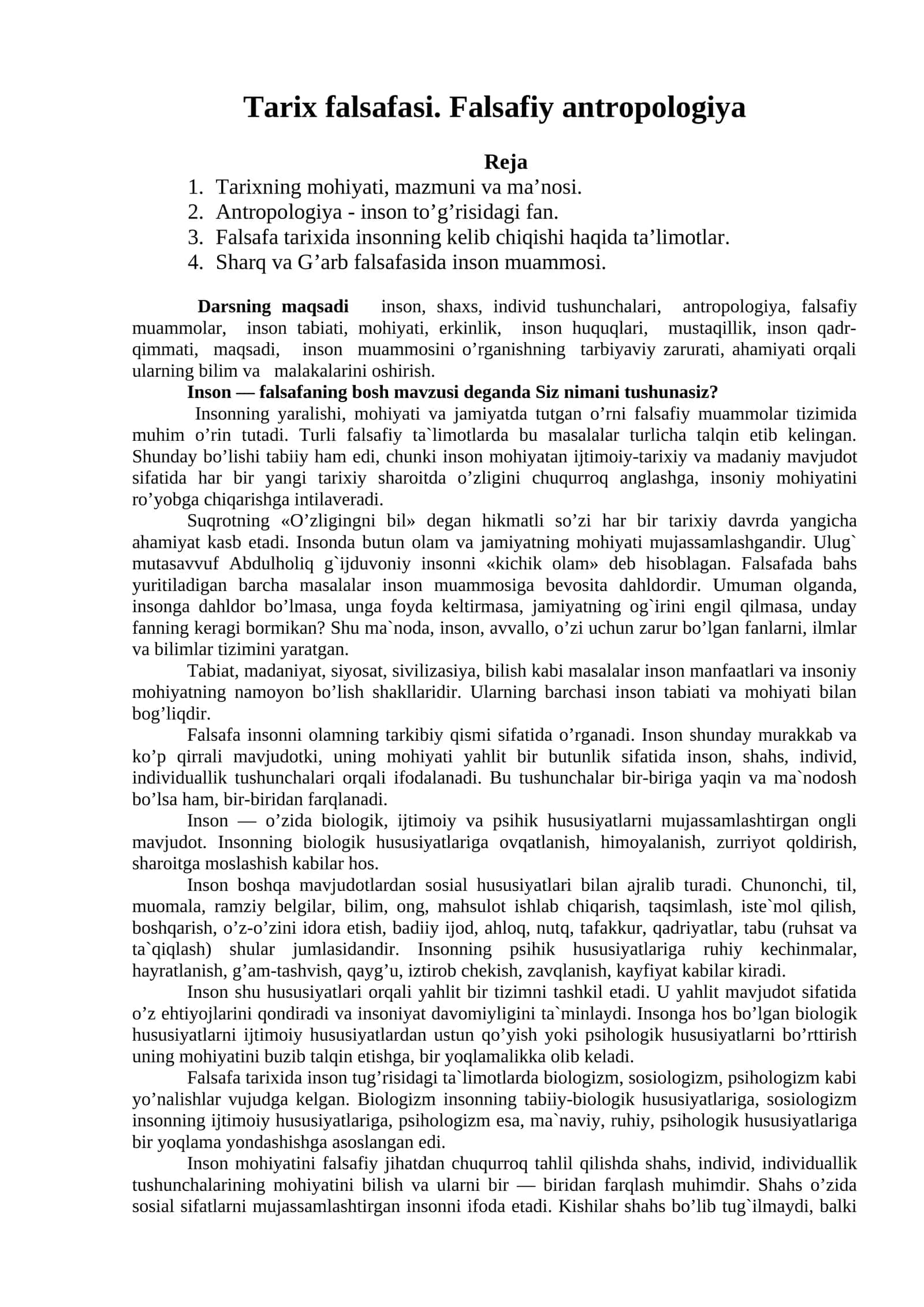 Tarix falsafasi. Falsafiy antropologiya 1