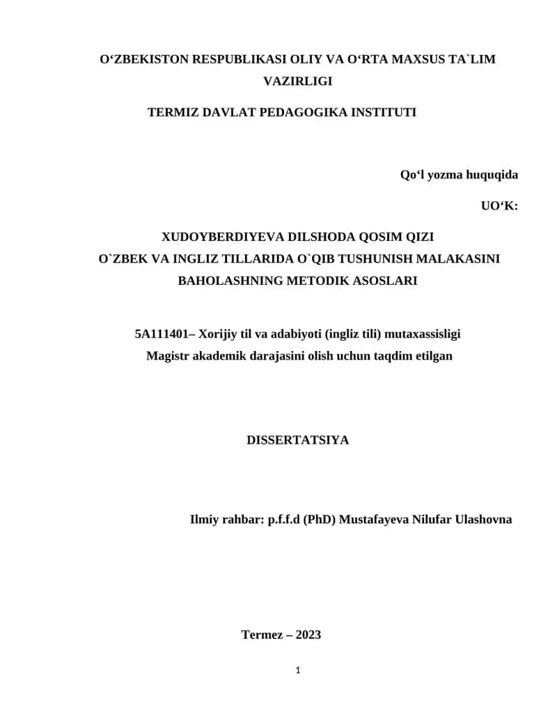 O`ZBEK VA INGLIZ TILLARIDA O`QIB TUSHUNISH MALAKASINI BAHOLASHNING METODIK ASOSLARI 1