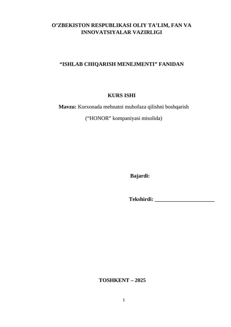 Korxonada mehnatni muhofaza qilishni boshqarish 1