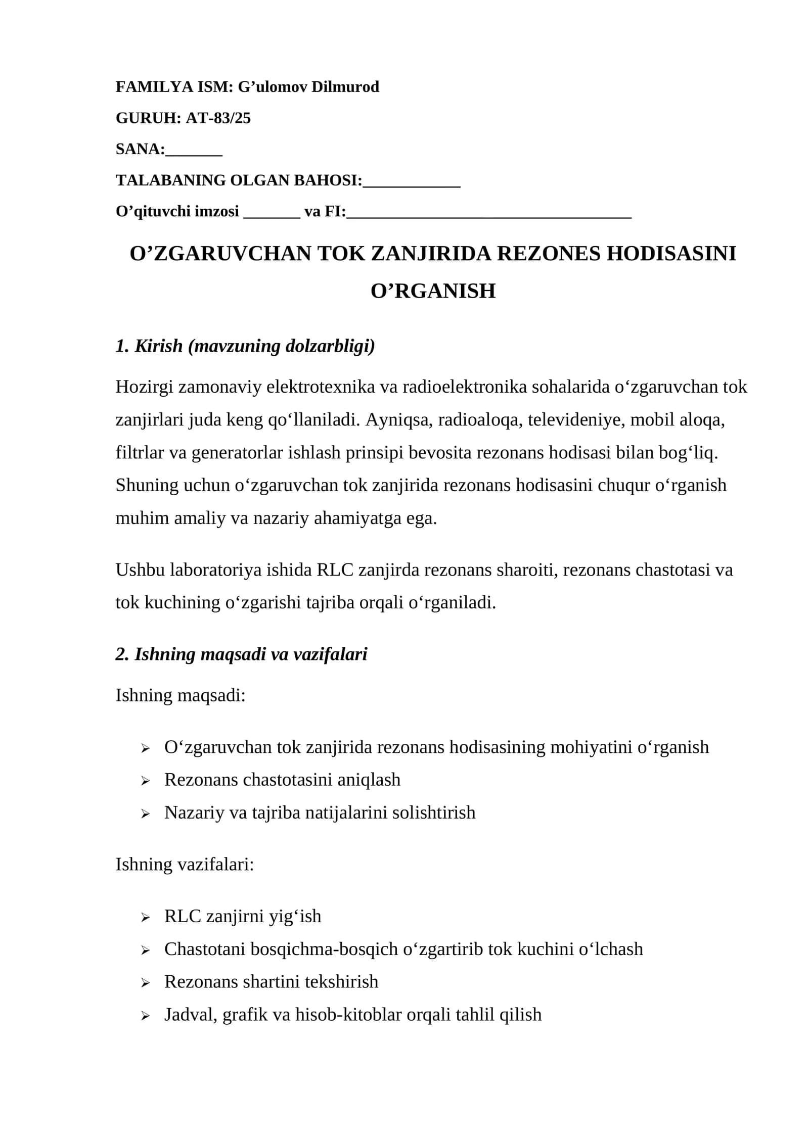 O’ZGARUVCHAN TOK ZANJIRIDA REZONES HODISASINI O’RGANISH 1