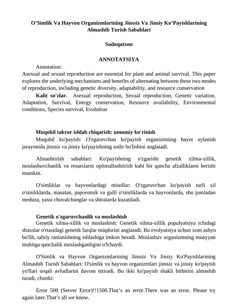 O’Simlik Va Hayvon Organizmlarining Jinssiz Va Jinsiy Ko’Payishlarining Almashib Turish Sabablari Sadoqatxon 1