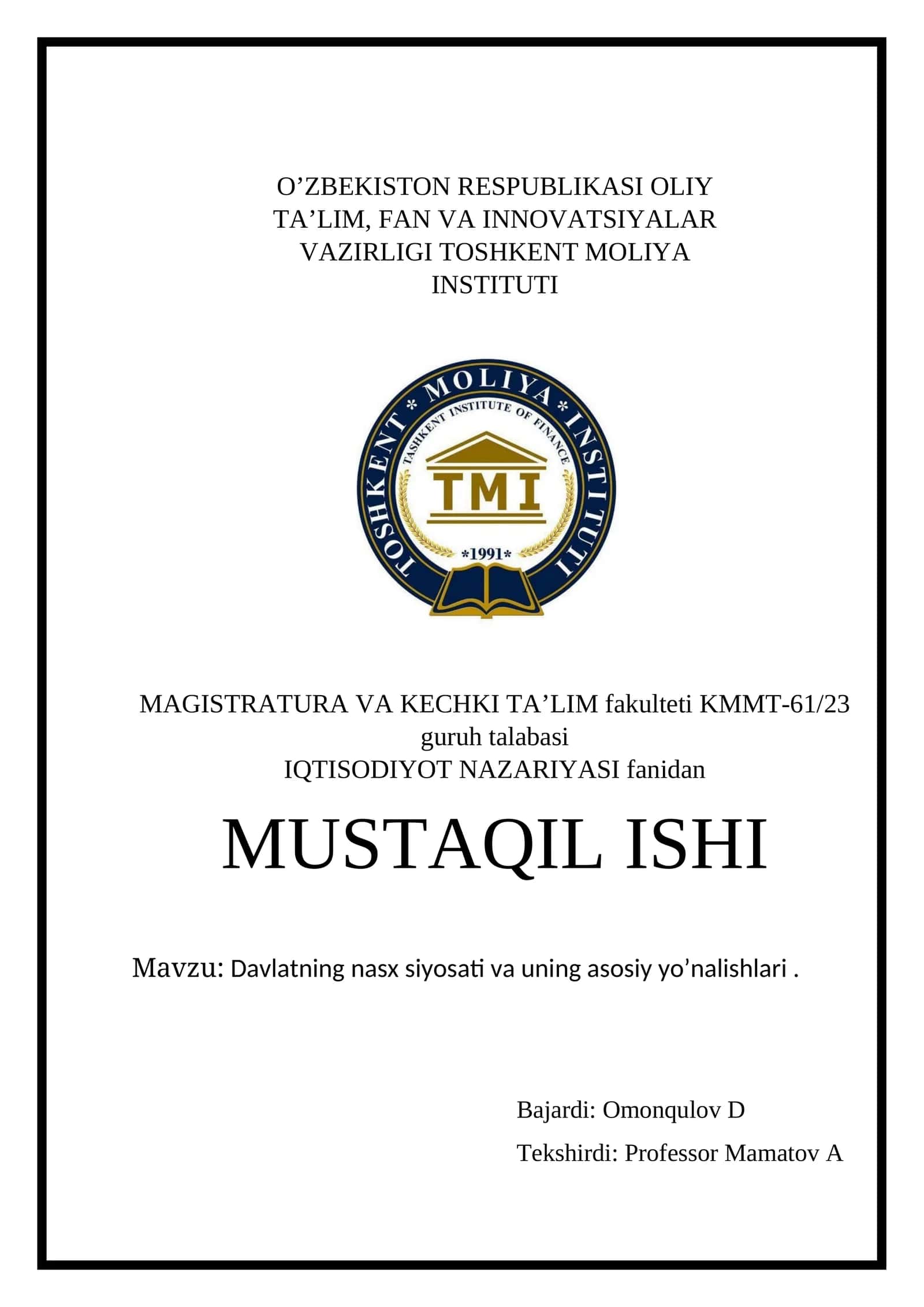 Davlatning nasx siyosati va uning asosiy yo’nalishlari 1