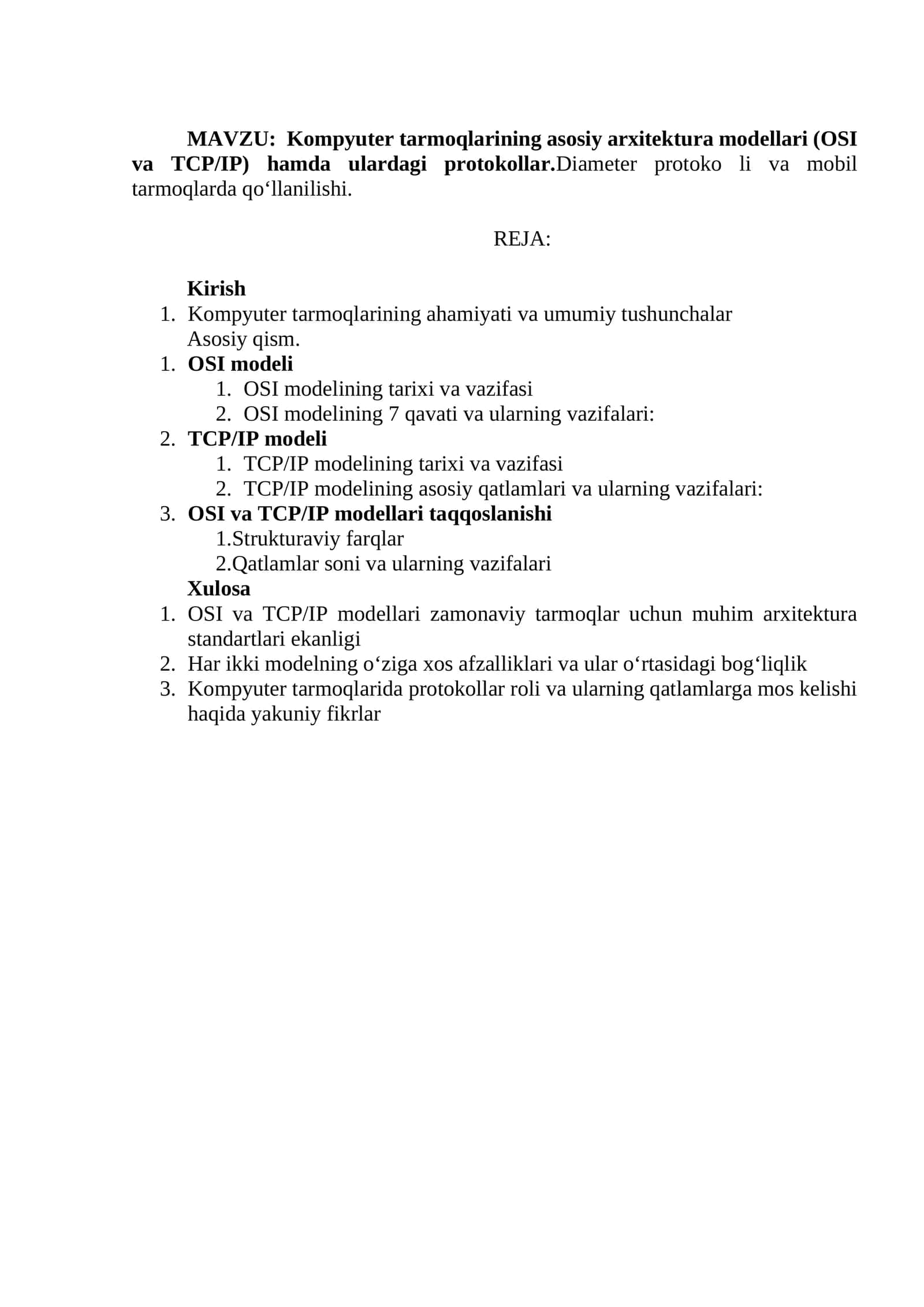 Kompyuter Tarmoqlarining Asosiy Arxitektura Modelleri: OSI va TCP/IP Hamda Protokollar 1