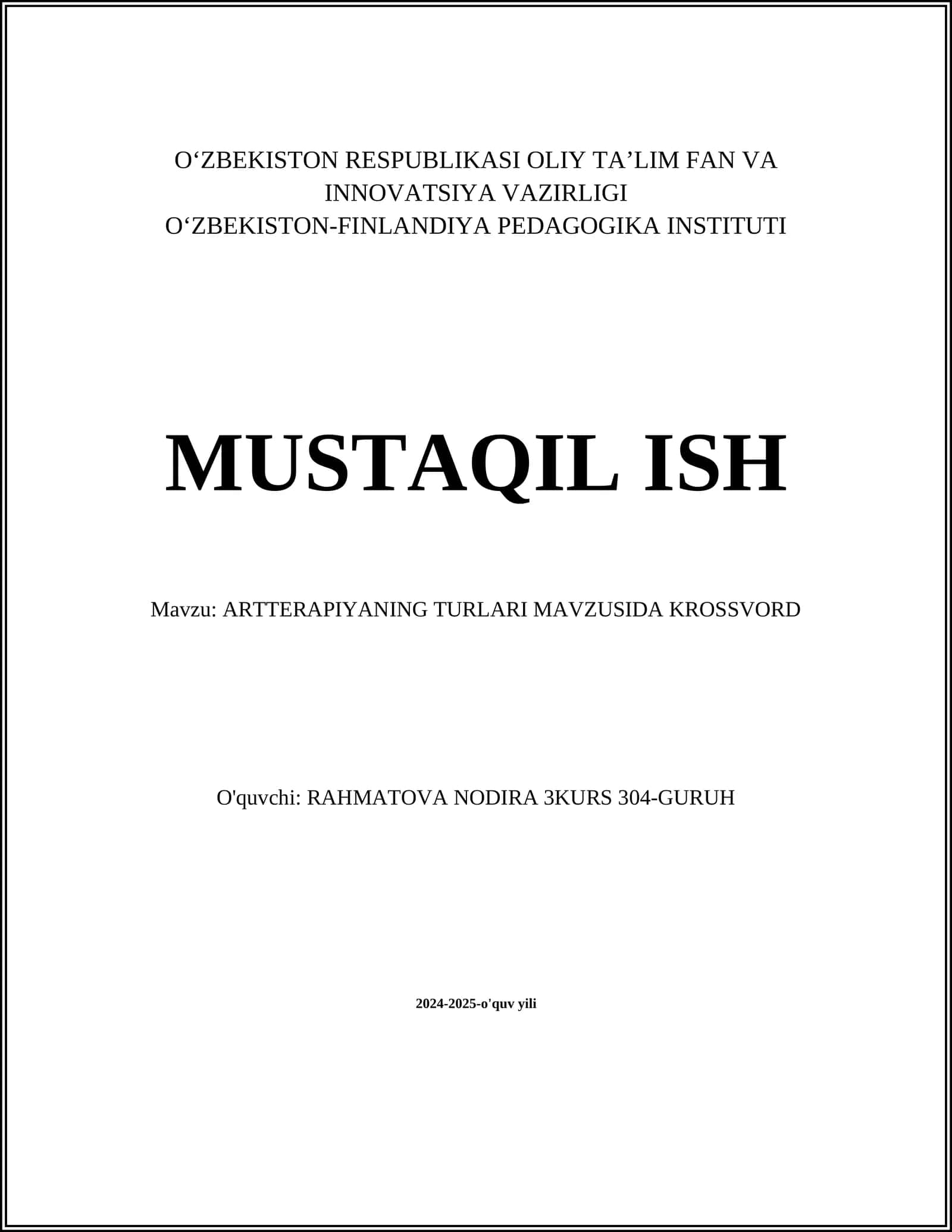ARTTERAPIYANING TURLARI MAVZUSIDA KROSSVORD 1