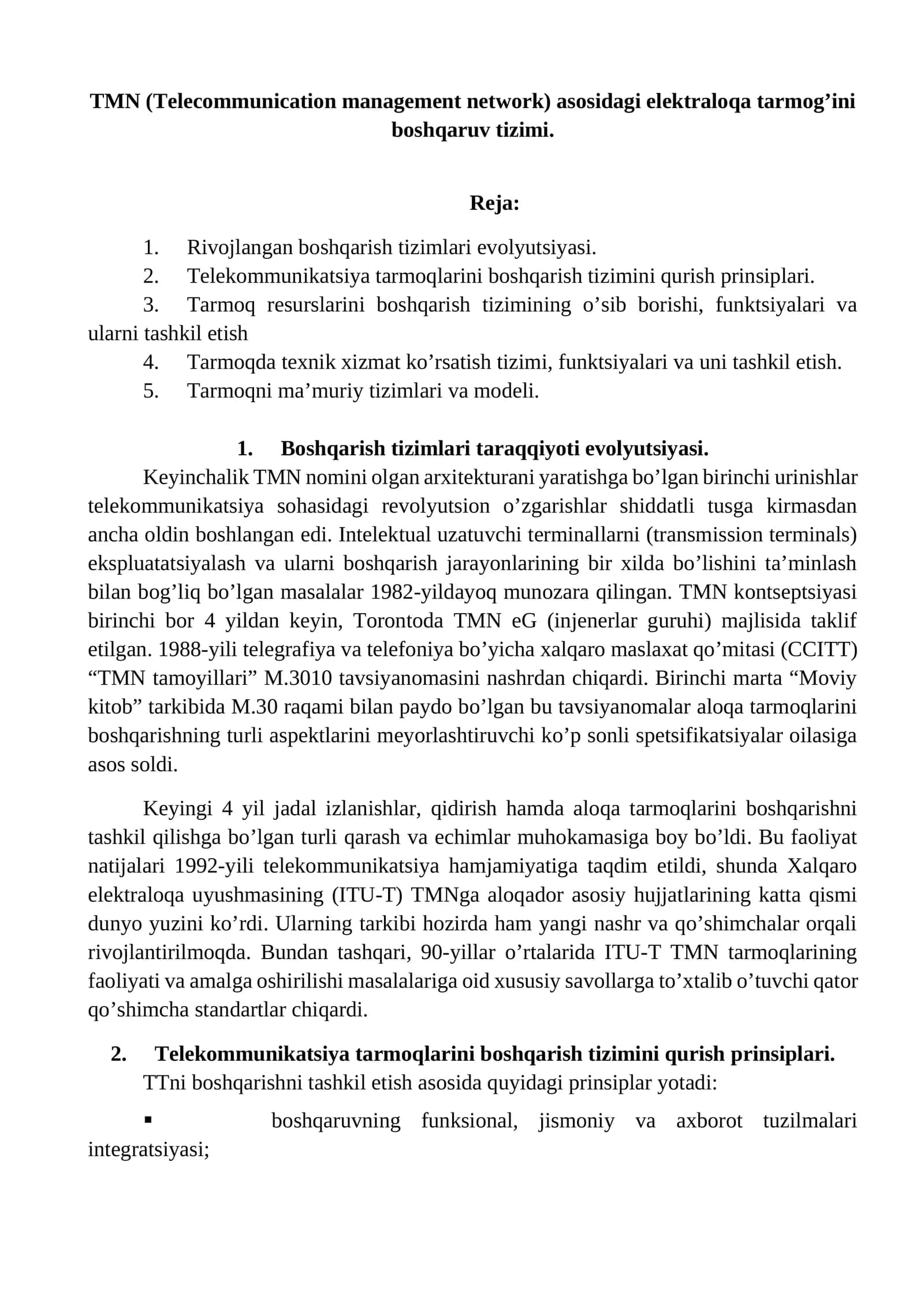 TMN (Telecommunication management network) asosidagi elektraloqa tarmog’ini boshqaruv tizimi. 1