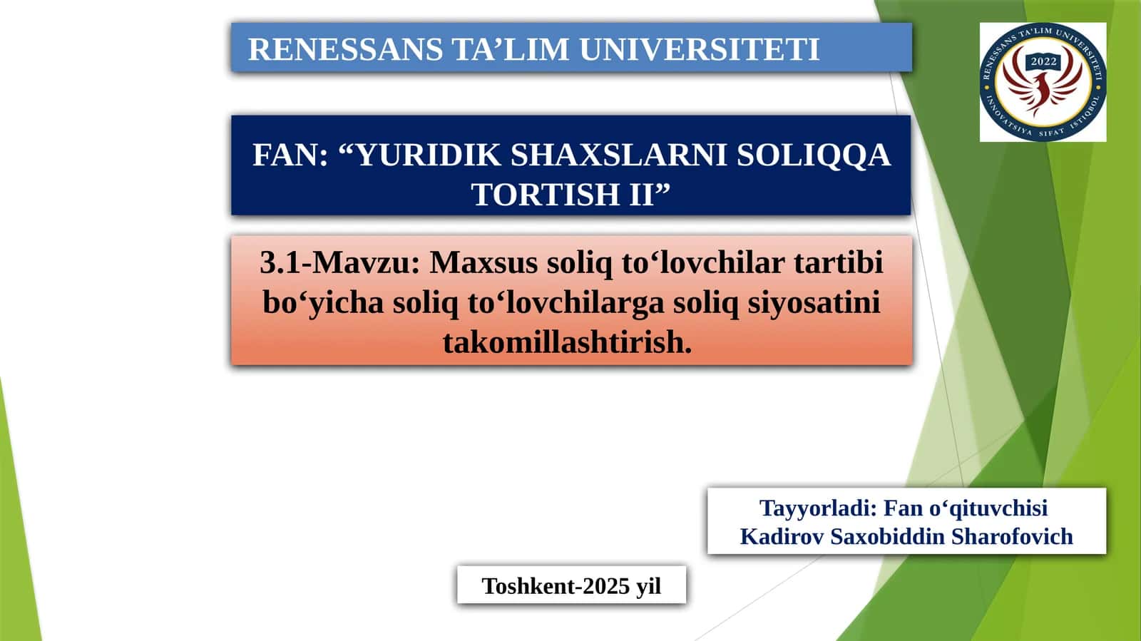 YURIDIK SHAXSLARNI SOLIQQA TORTISH II 1