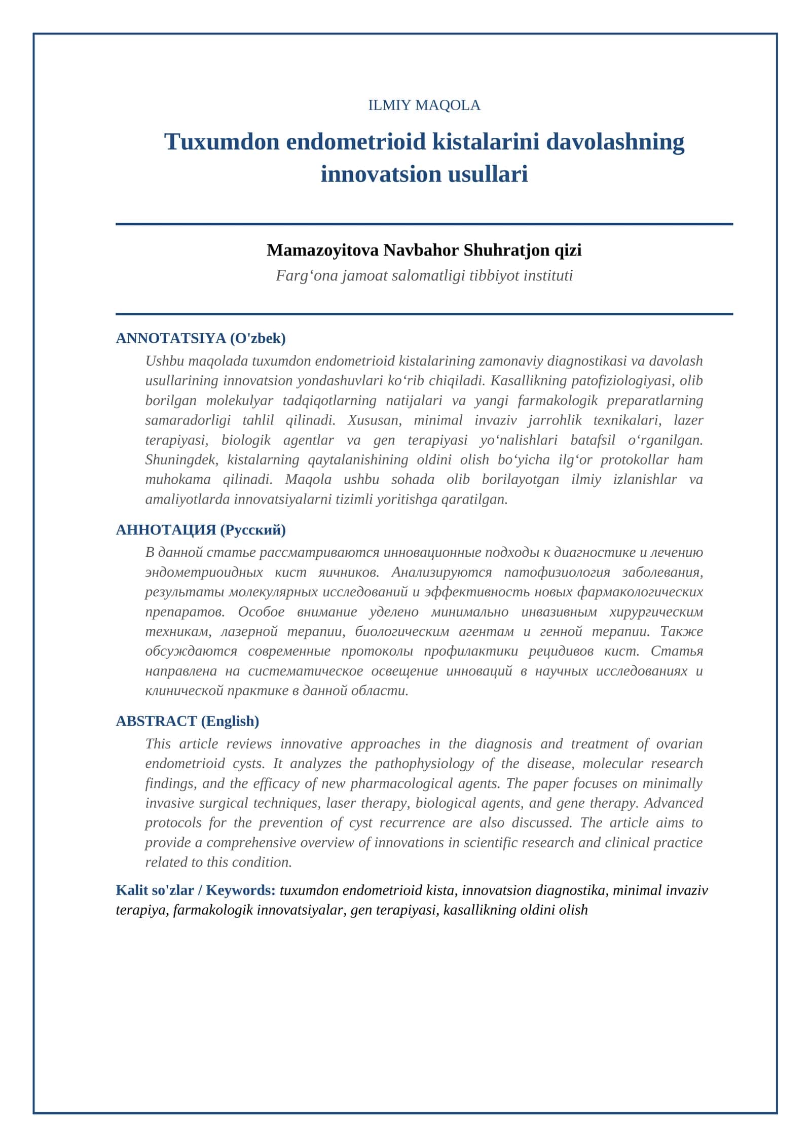 Tuxumdon endometrioid kistalarini davolashning innovatsion usullari 1