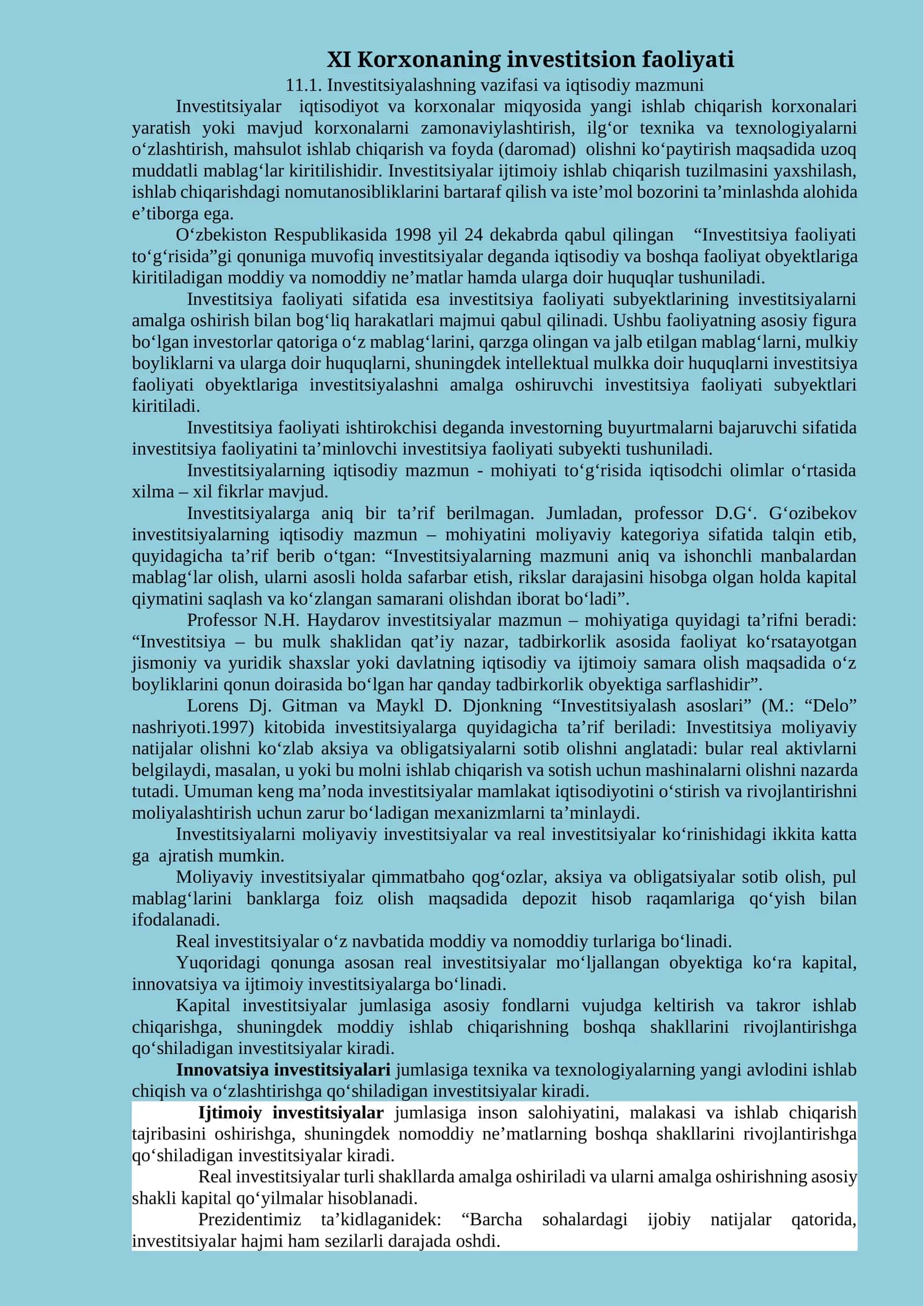 XI Korxonaning investitsion faoliyati 1