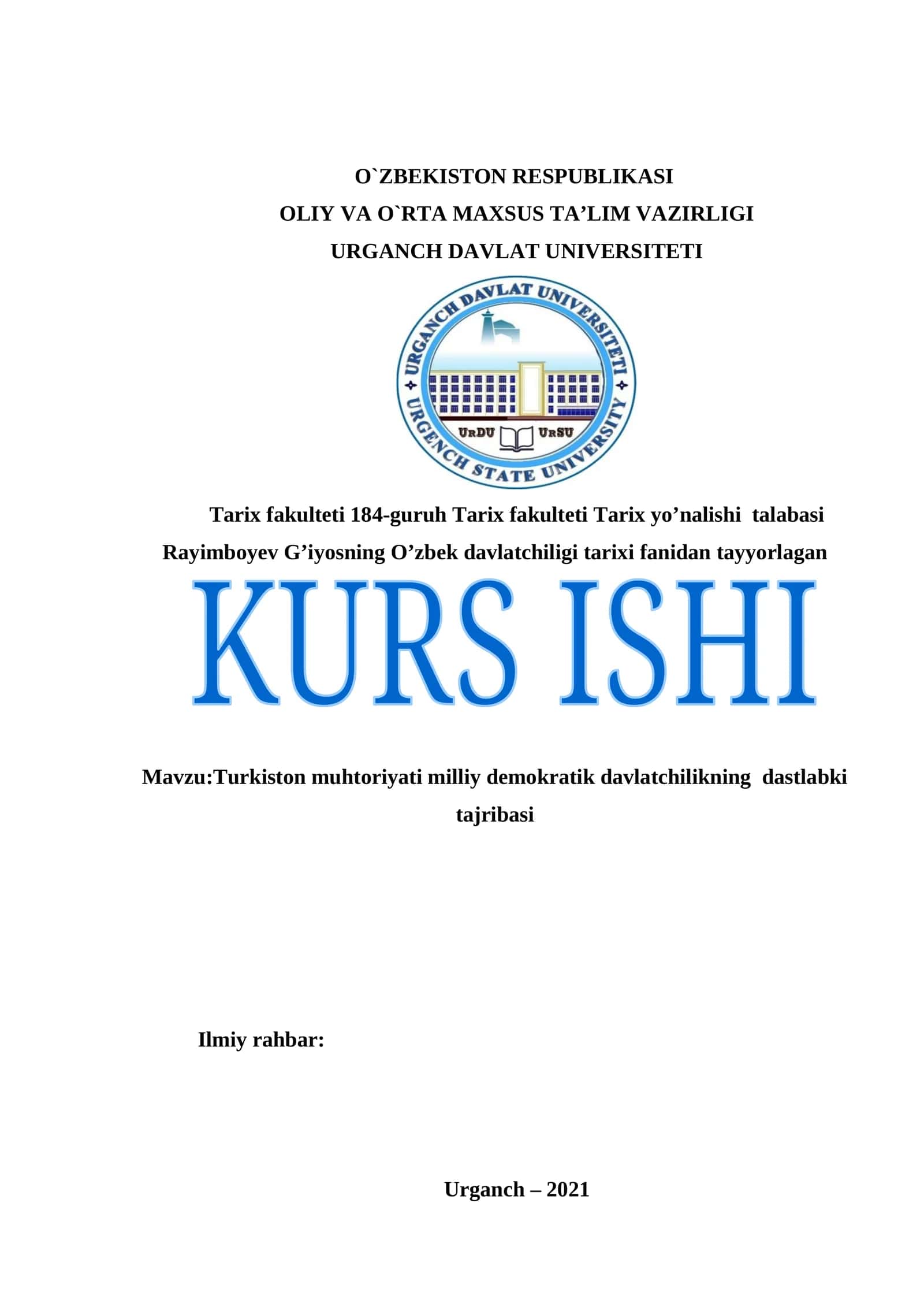 Turkiston muhtoriyati milliy demokratik davlatchilikning dastlabki tajribasi 1