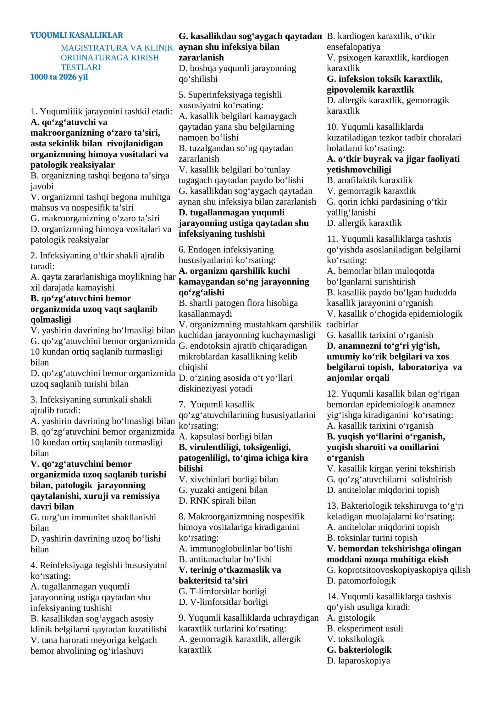 YUQUMLI KASALLIKLAR MAGISTRATURA VA KLINIK ORDINATURAGA KIRISH TESTLARI 1000 TA TEST 2026 1