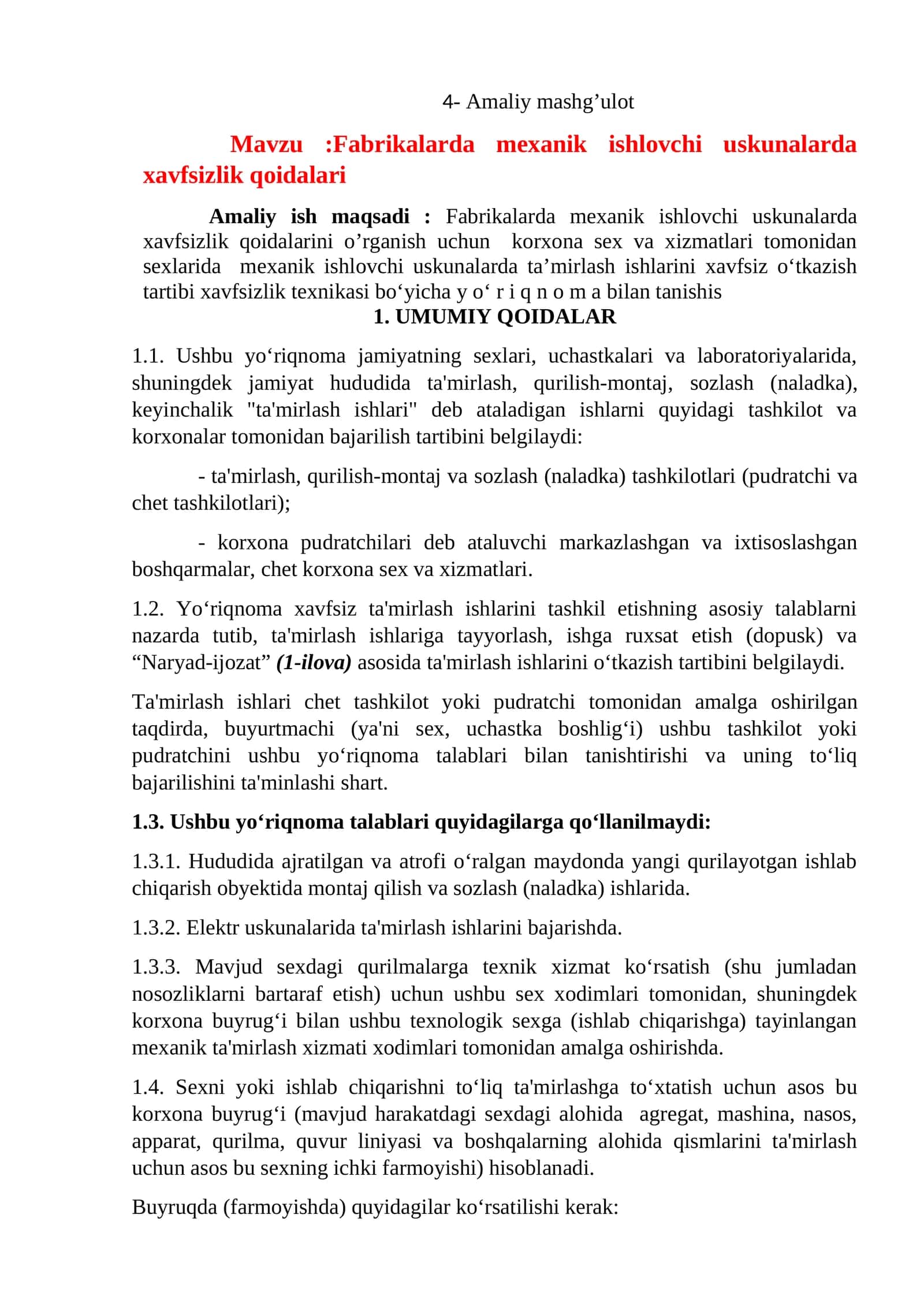 Fabrikalarda mexanik ishlovchi uskunalarda xavfsizlik qoidalari 1