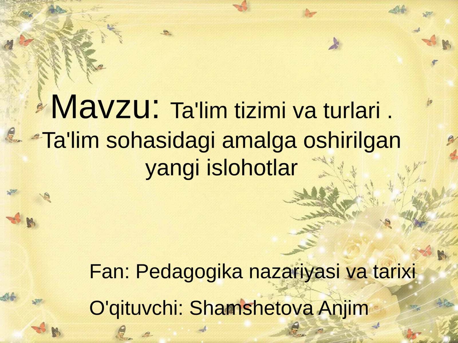 Ta'lim tizimi va turlari. Ta'lim sohasidagi amalga oshirilgan yangi islohotlar 1