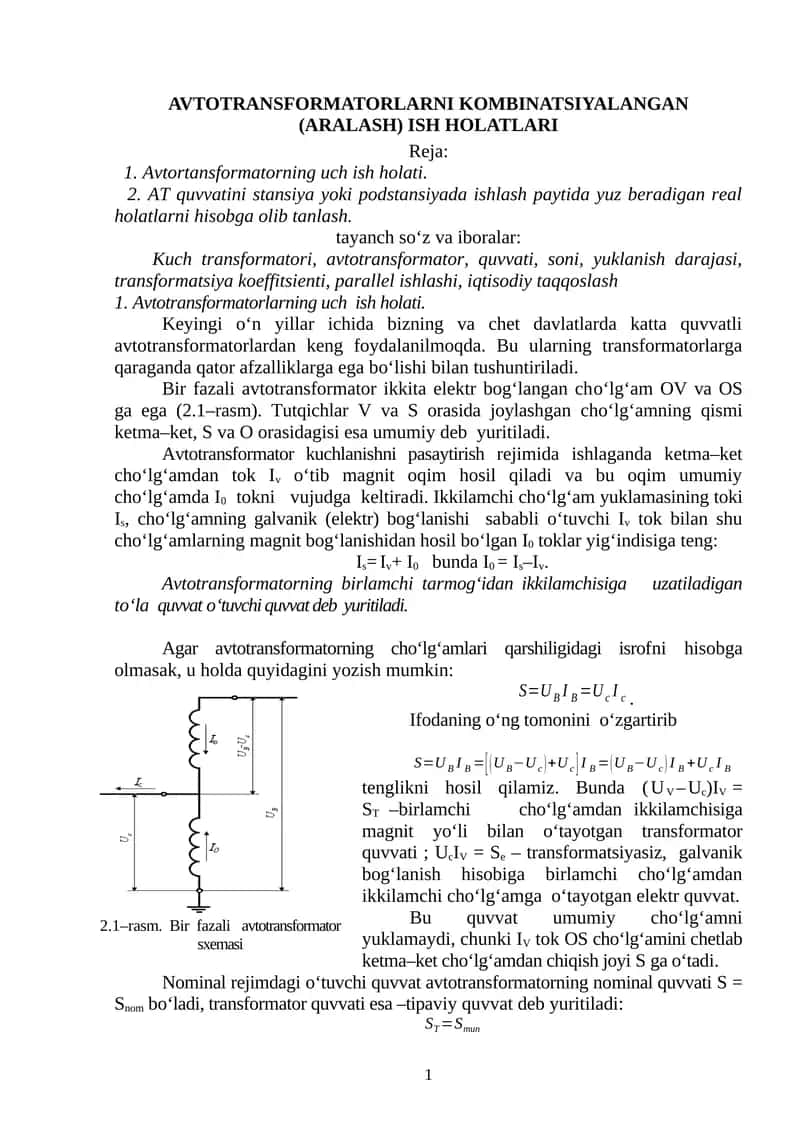 Avtotransformatorlarni kombinatsiyalangan (aralash) ish holatlari 1