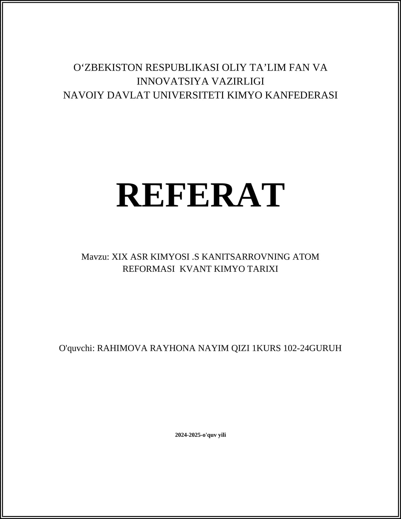 XIX ASR KIMYOSI.S KANITSARROVNING ATOM REFORMASI KVANT KIMYO TARIXI 1