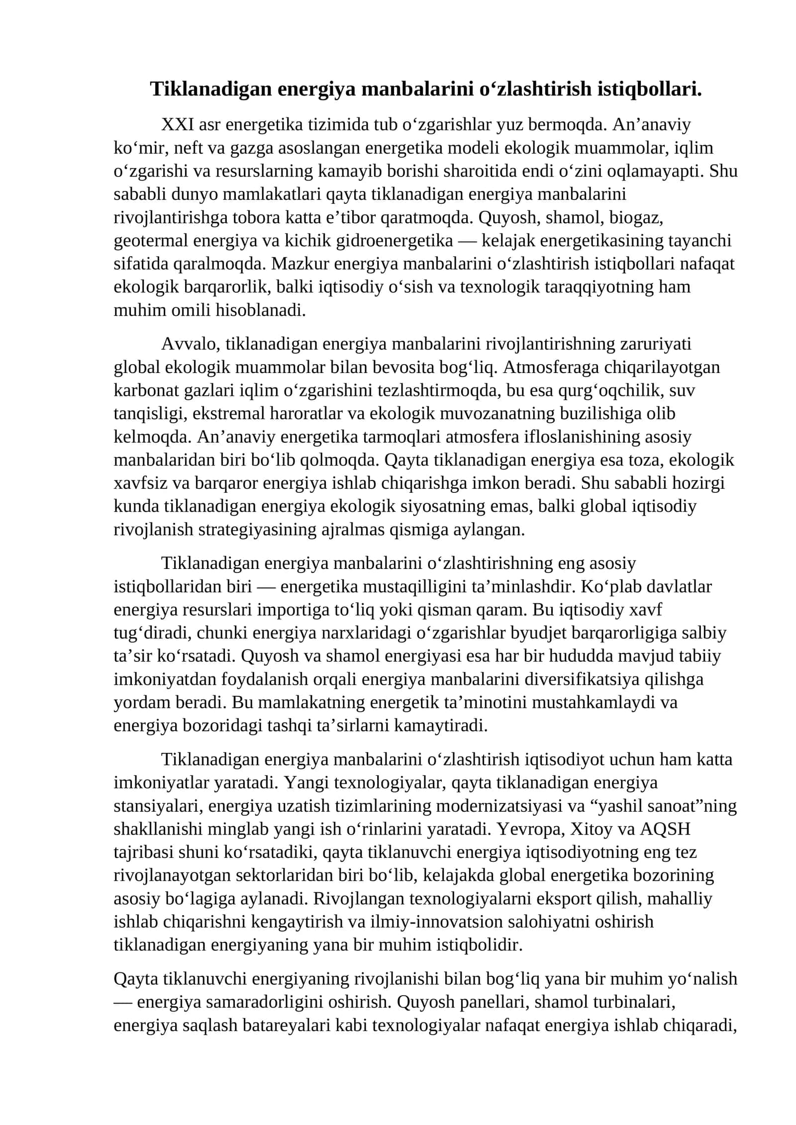 Tiklanadigan energiya manbalarini o‘zlashtirish istiqbollari 1