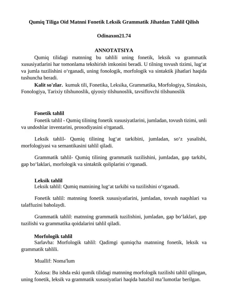Qumiq Tiliga Oid Matnni Fonetik Leksik Grammatik Jihatdan Tahlil Qilish 1