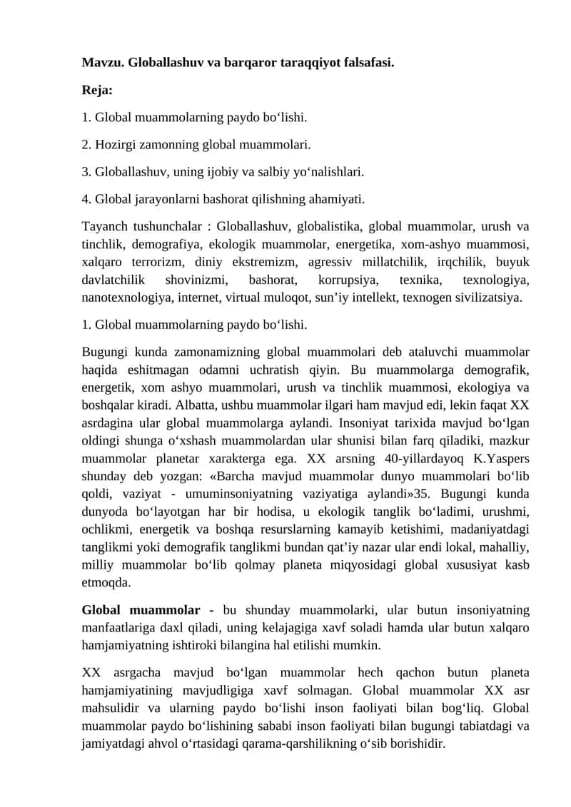 Globallashuv va barqaror taraqqiyot falsafasi. 1
