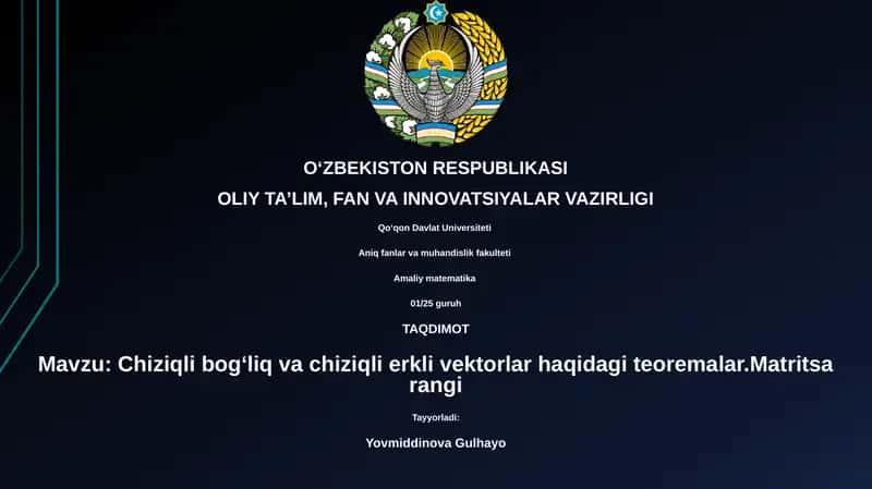 Chiziqli bogʻliq va chiziqli erkli vektorlar haqidagi teoremalar 1