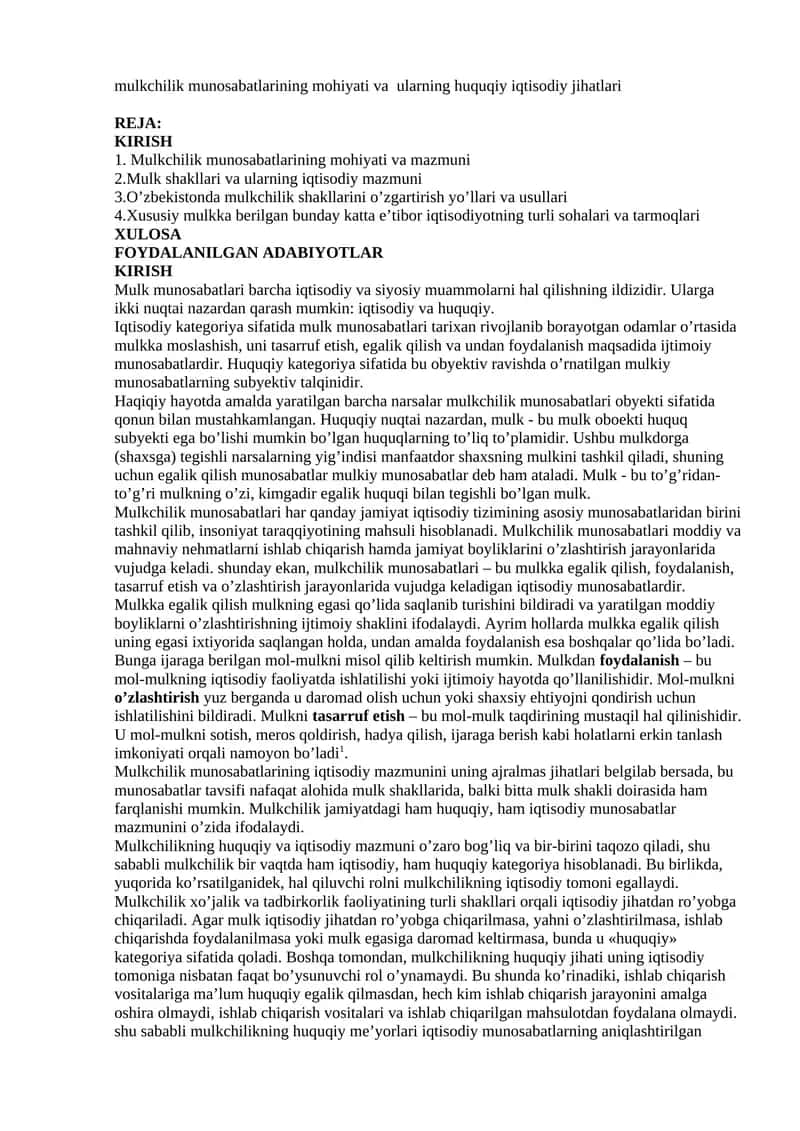 Mulkchilik munosabatlari va ularning huquqiy iqtisodiy jihatlari 1