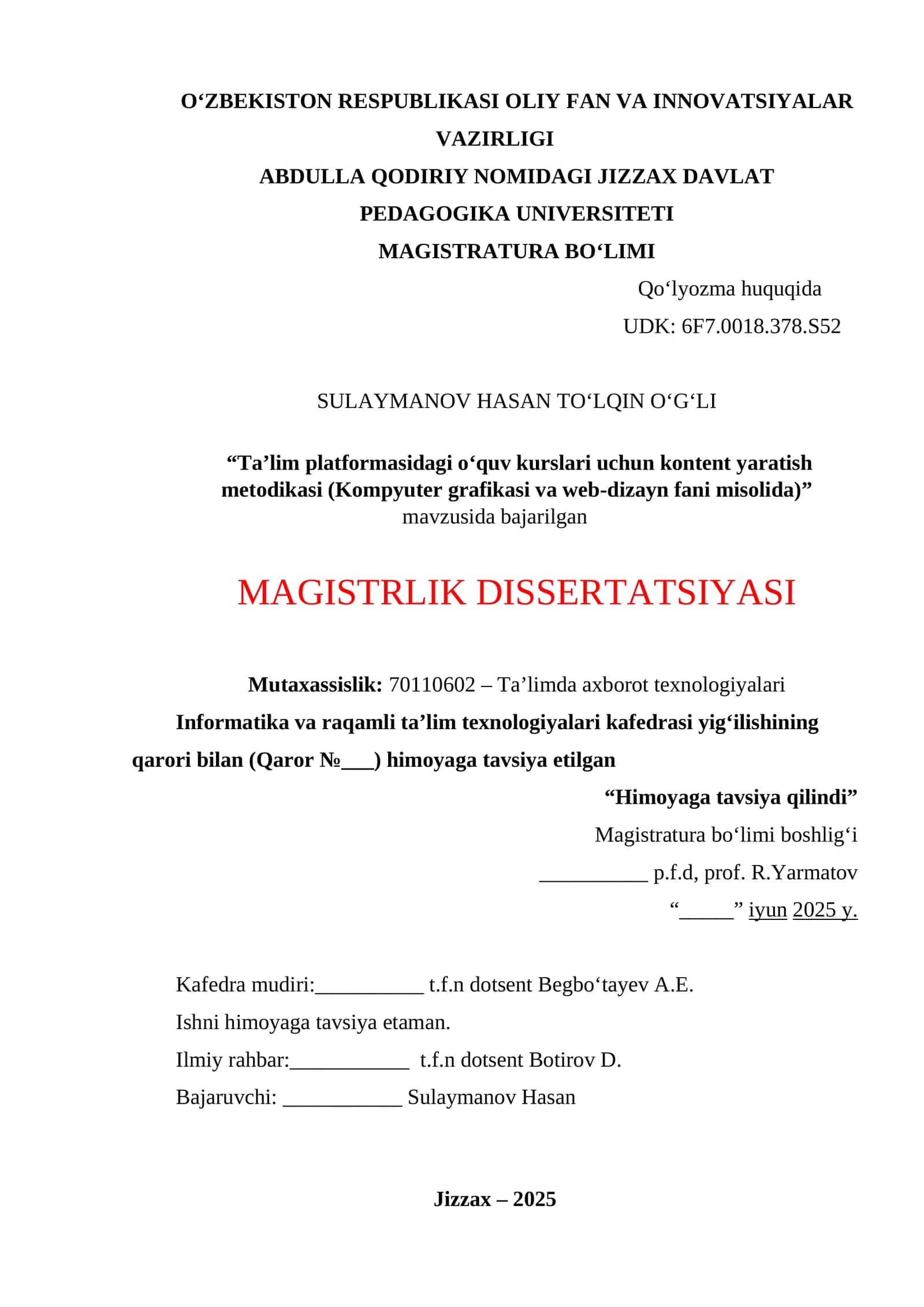 Magaistratura dissertatsiyasi Ta’lim platformasidagi oʻquv kurslari uchun kontent yaratish metodikasi (Kompyuter grafikasi va web-dizayn fani misolida) 1