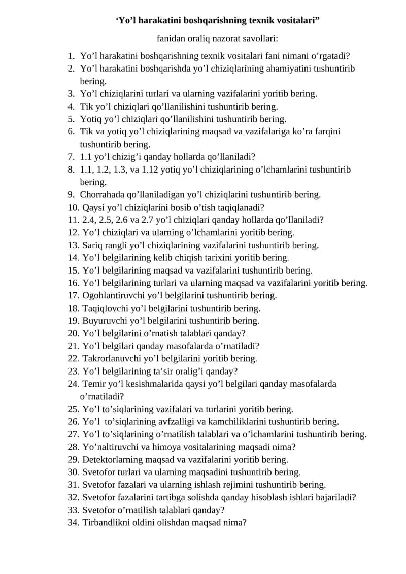 Yo’l harakatini boshqarishning texnik vositalari 1
