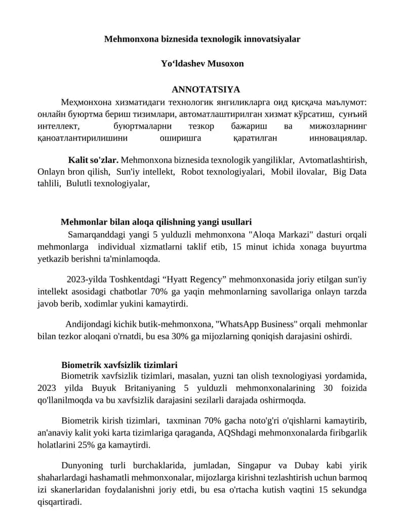 Mehmonxona biznesida texnologik innovatsiyalar 1