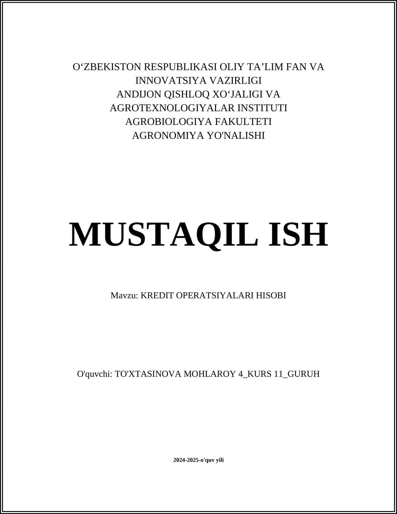 KREDIT OPERATSIYALARI HISOBI 1