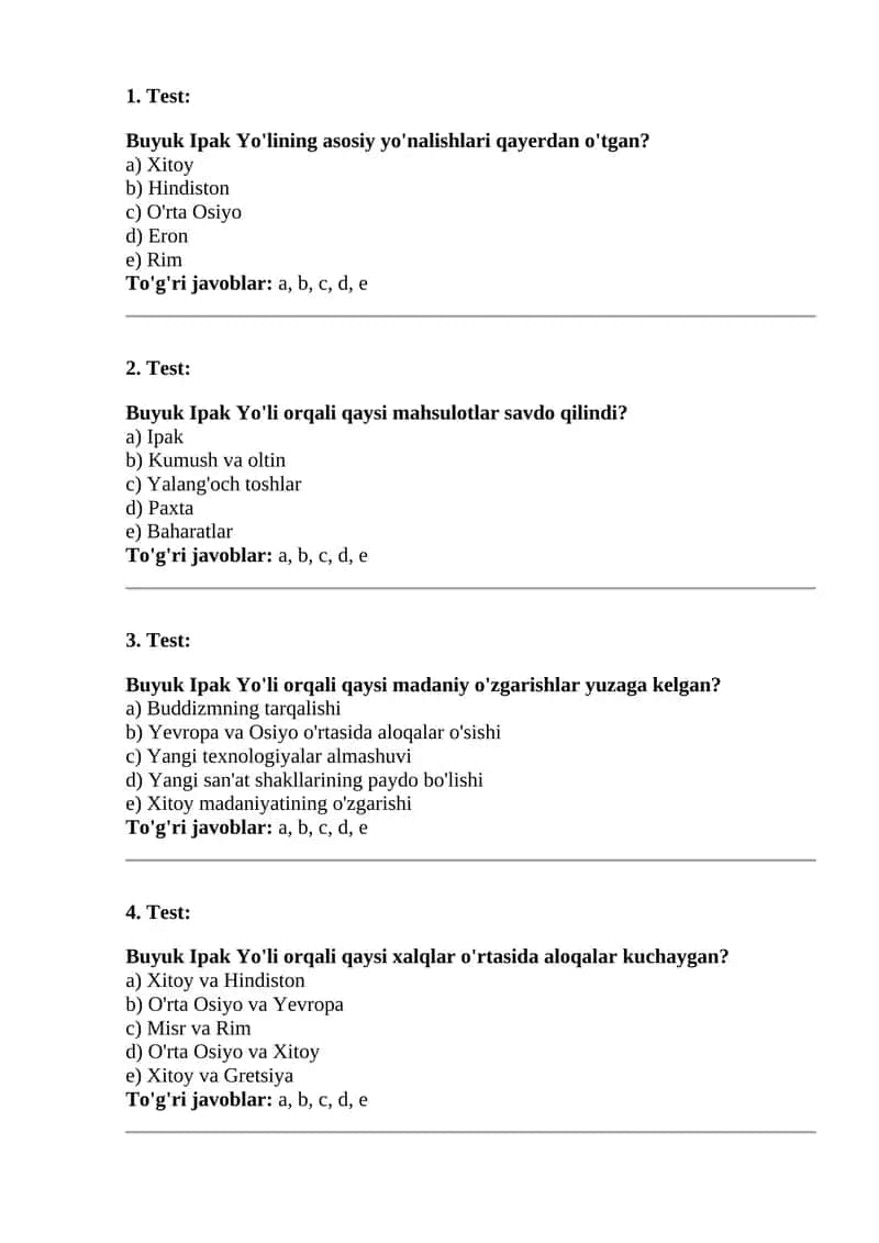 Buyuk Ipak Yo'li test savollari . javobi bilan 1