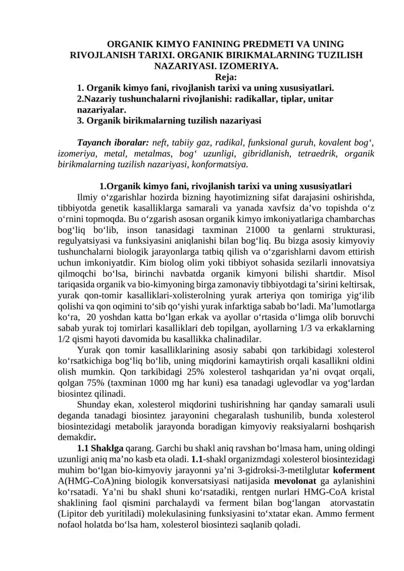 ORGANIK KIMYO FANINING PREDMETI VA UNING RIVOJLANISH TARIXI 1